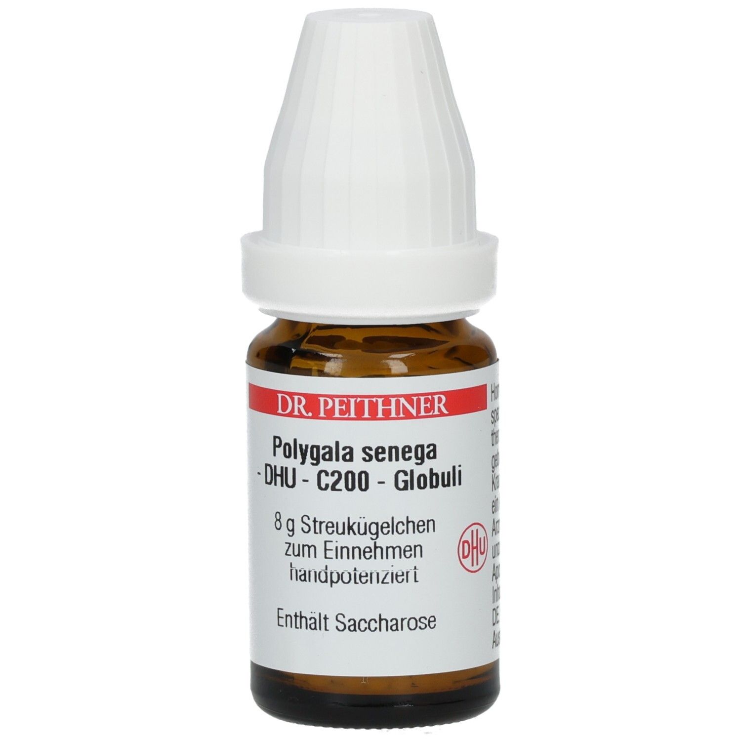 Braune Glasflasche mit weißem Deckel. Etikett mit Produktnamen: Polygala senega - DHU - C200 - Globuli. Enthält Saccharose.