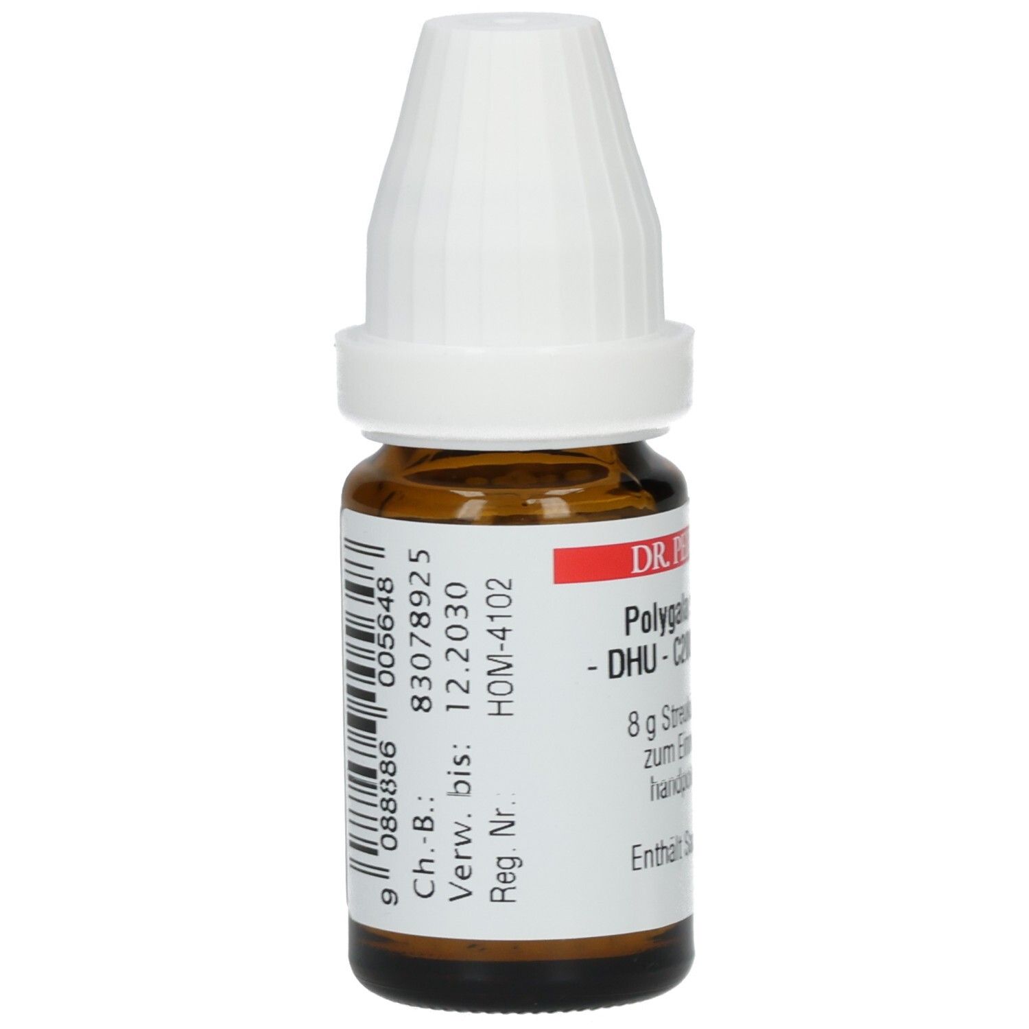 Braune Glasflasche mit weißem Deckel. Etikett mit Barcode und Informationen: Ch.-B., Verwendbar bis, Reg.Nr. HOM-4102.