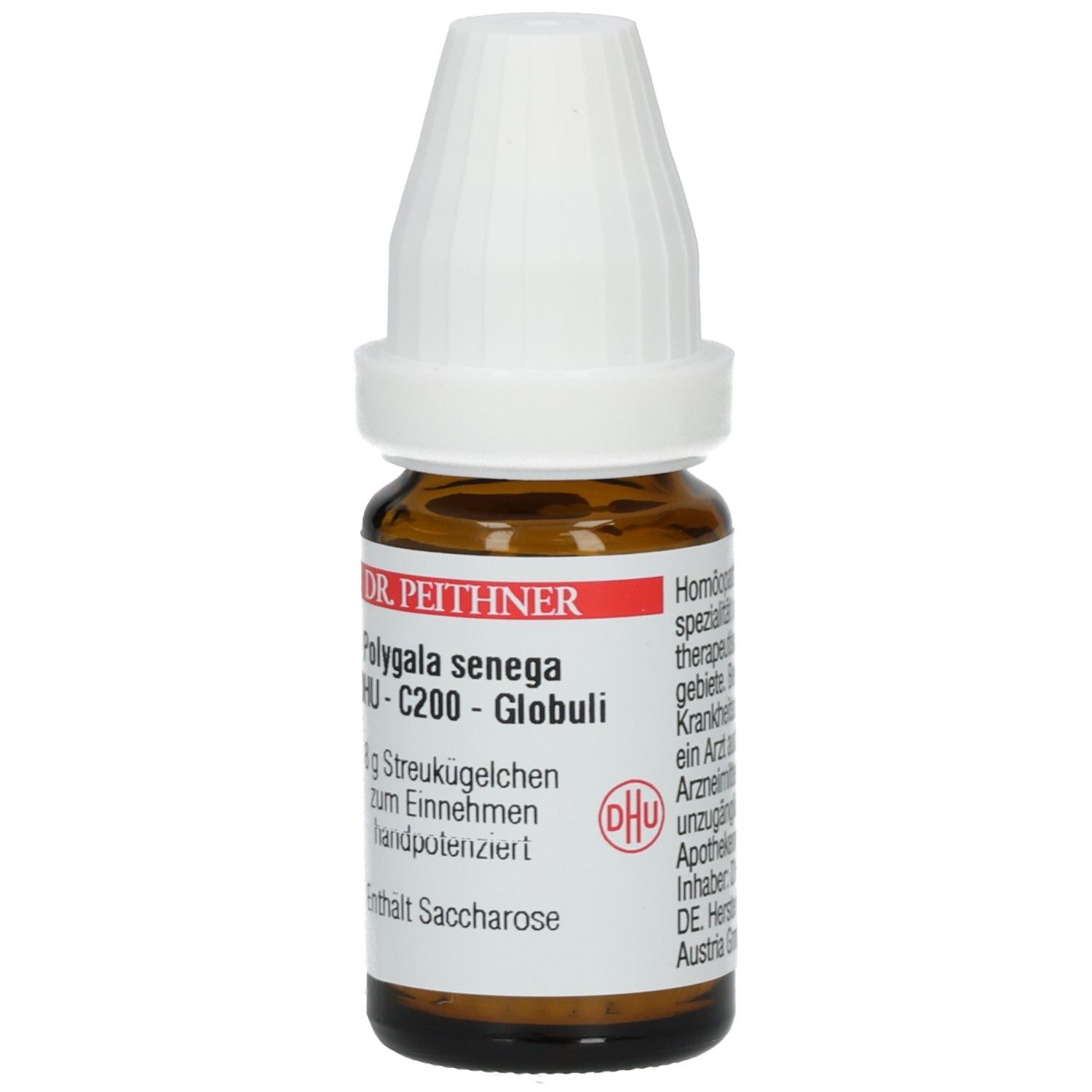Braune Glasflasche mit weißem Deckel. Etikett mit Produktnamen: Polygala senega - DHU - C200 - Globuli. Enthält Saccharose.