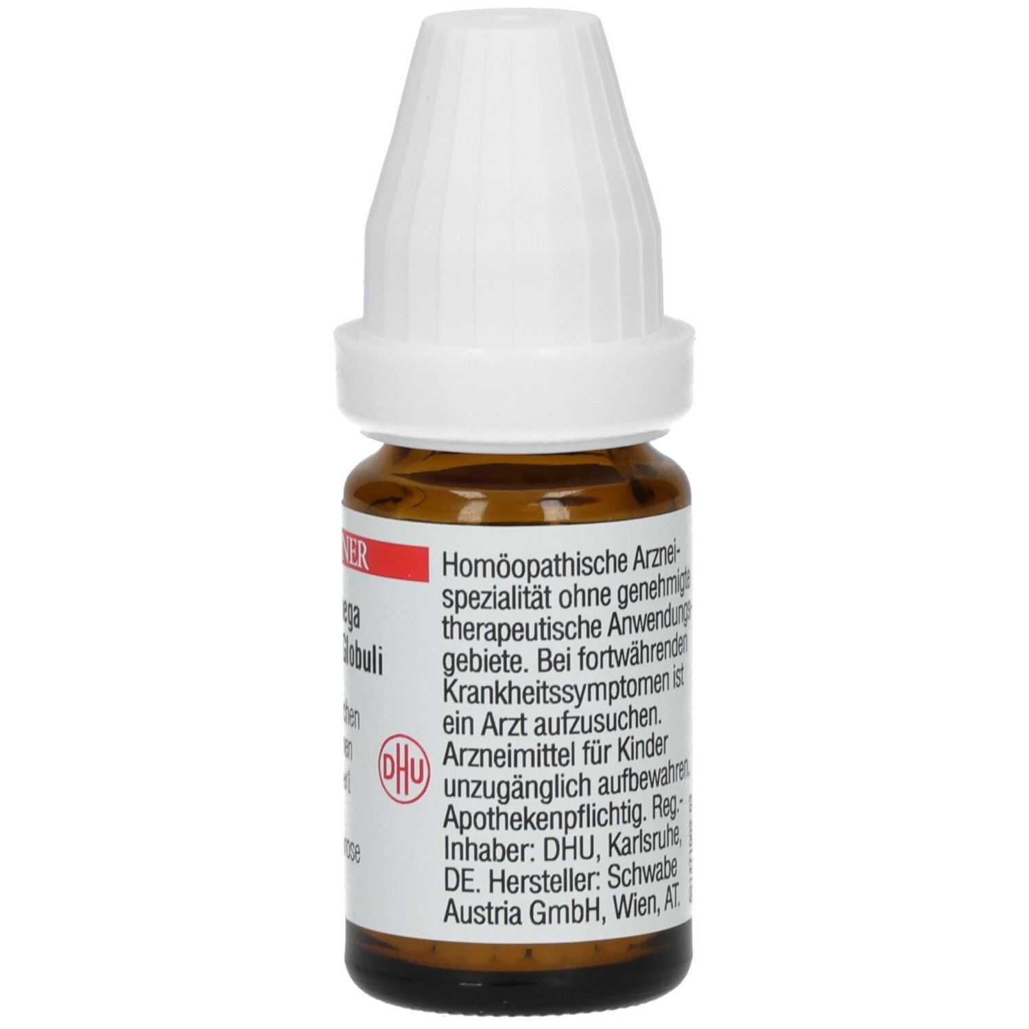 Braune Glasflasche mit weißem Deckel. Etikett mit Text: Homöopathische Arzneimittel. Apothekenpflichtig. Hersteller: DHU.