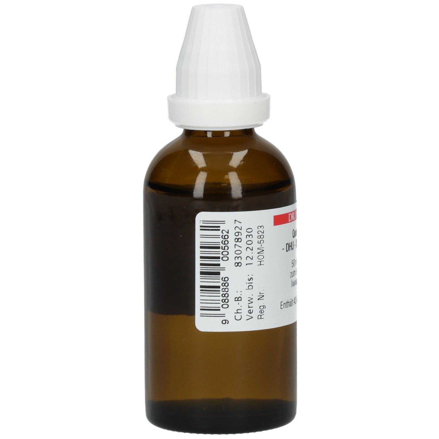 Braune Glasflasche mit weißem Verschluss. Etikett mit Barcode und weiteren Informationen. Produktname nicht sichtbar.