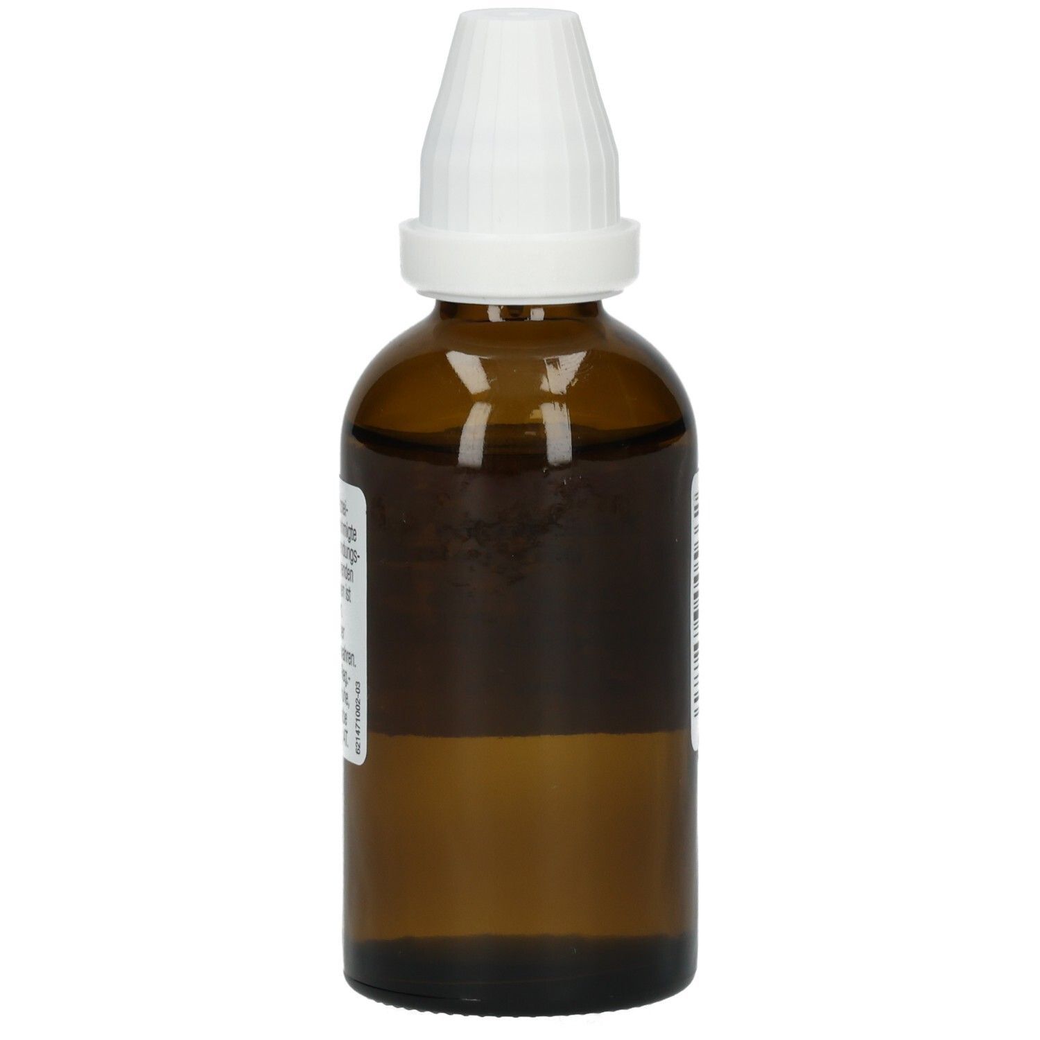 Braune Glasflasche mit weißem Verschluss. Etikett mit Text. Produktname nicht sichtbar.