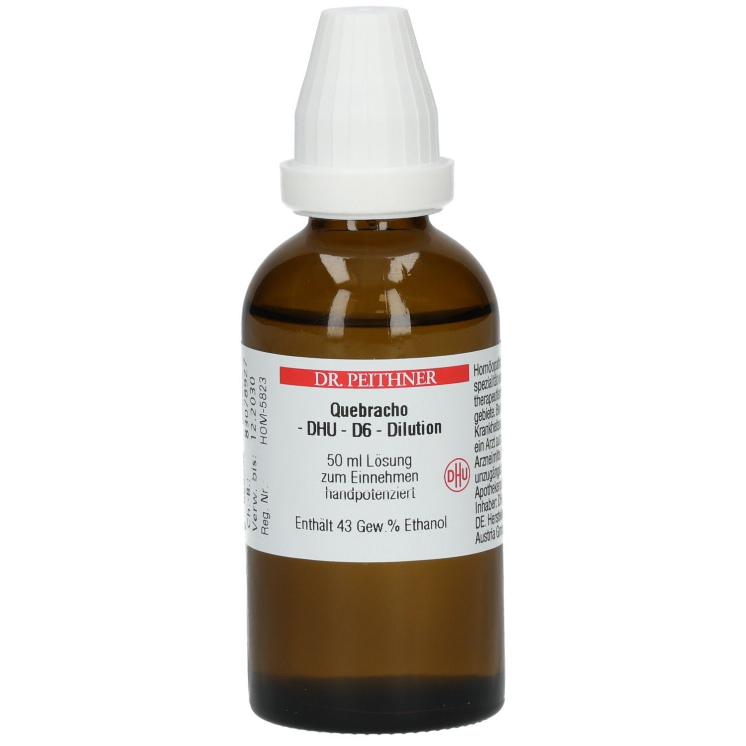 Braune Glasflasche mit weißem Verschluss. Beschriftung: DR. PEITHNER Quebracho - DHU - D6 - Dilution. 50 ml Lösung.
