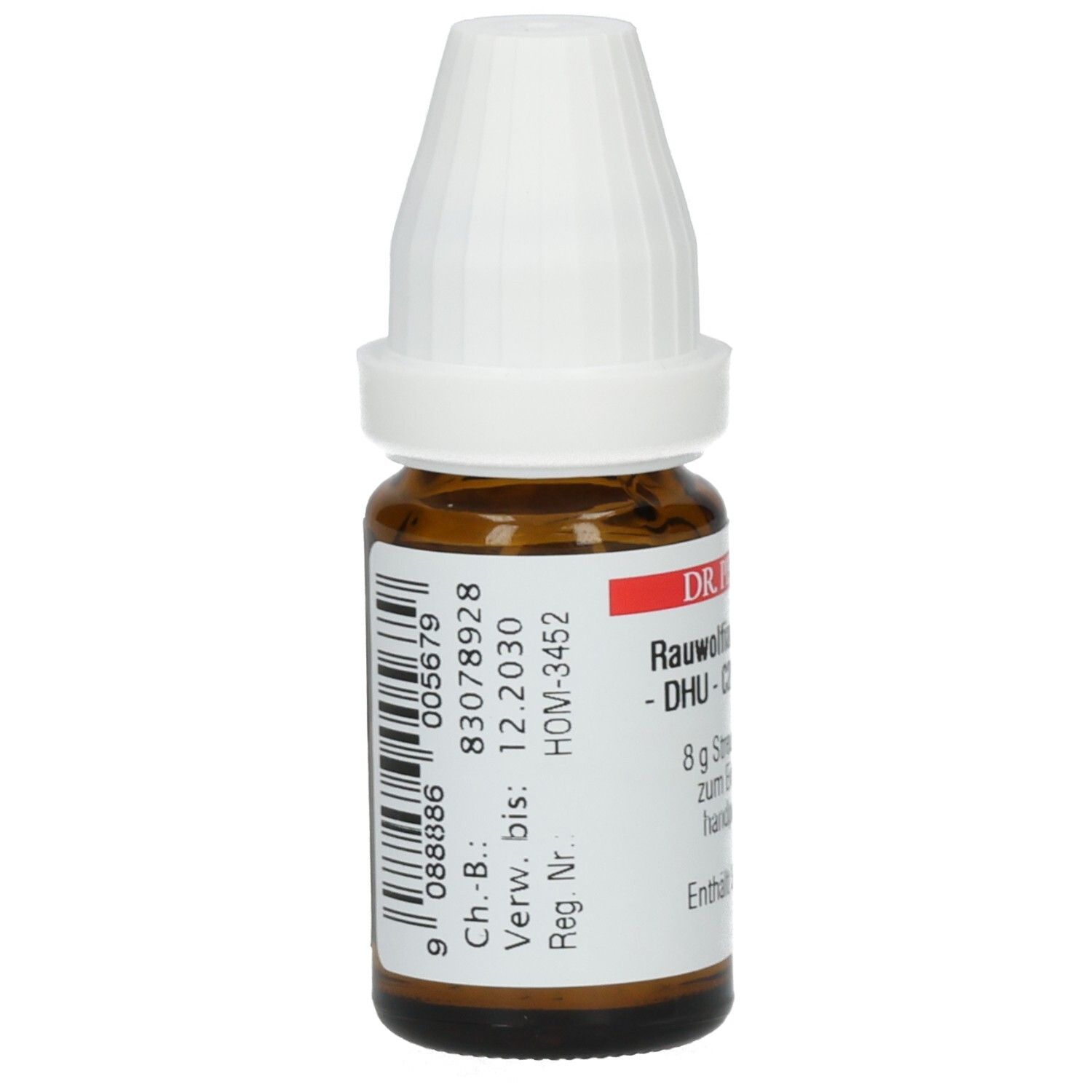 Braune Glasflasche mit weißem Deckel. Etikett mit Text und Barcode. Text: DR. PEITHNER, Rauwolfia serpentina - DHU - C200 - Globuli.