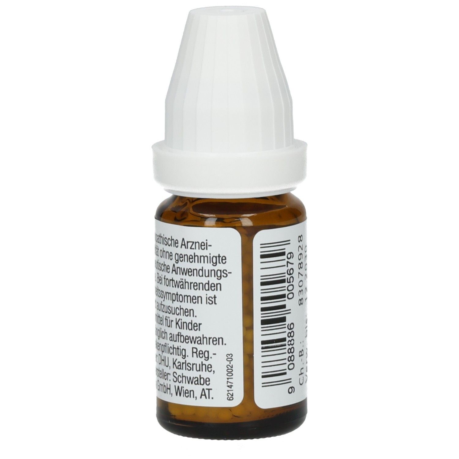 Braune Glasflasche mit weißem Deckel. Etikett mit Text und Barcode. Text: DR. PEITHNER, Rauwolfia serpentina - DHU - C200 - Globuli.