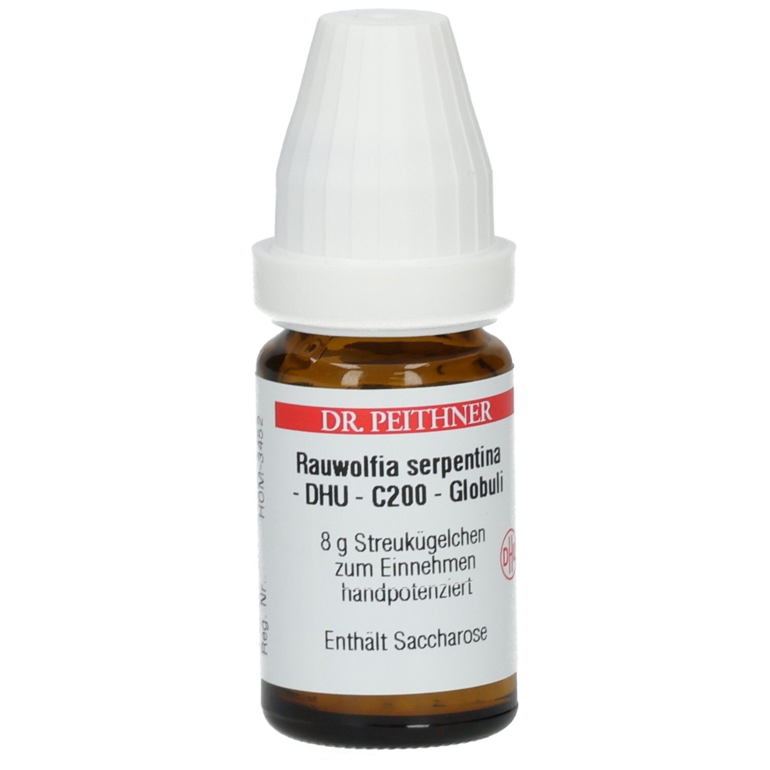 Braune Glasflasche mit weißem Deckel. Etikett mit Text: DR. PEITHNER, Rauwolfia serpentina - DHU - C200 - Globuli, 8 g Streukügelchen.