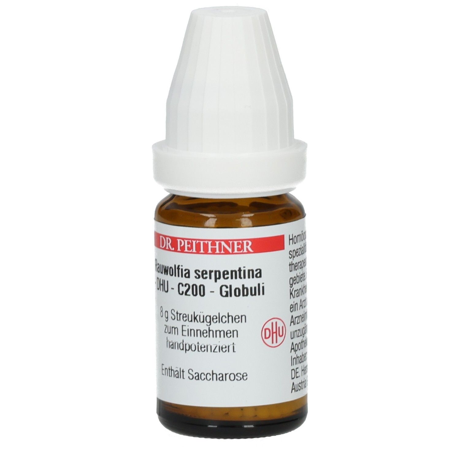Braune Glasflasche mit weißem Deckel. Etikett mit Text: DR. PEITHNER, Rauwolfia serpentina - DHU - C200 - Globuli, 8 g Streukügelchen.