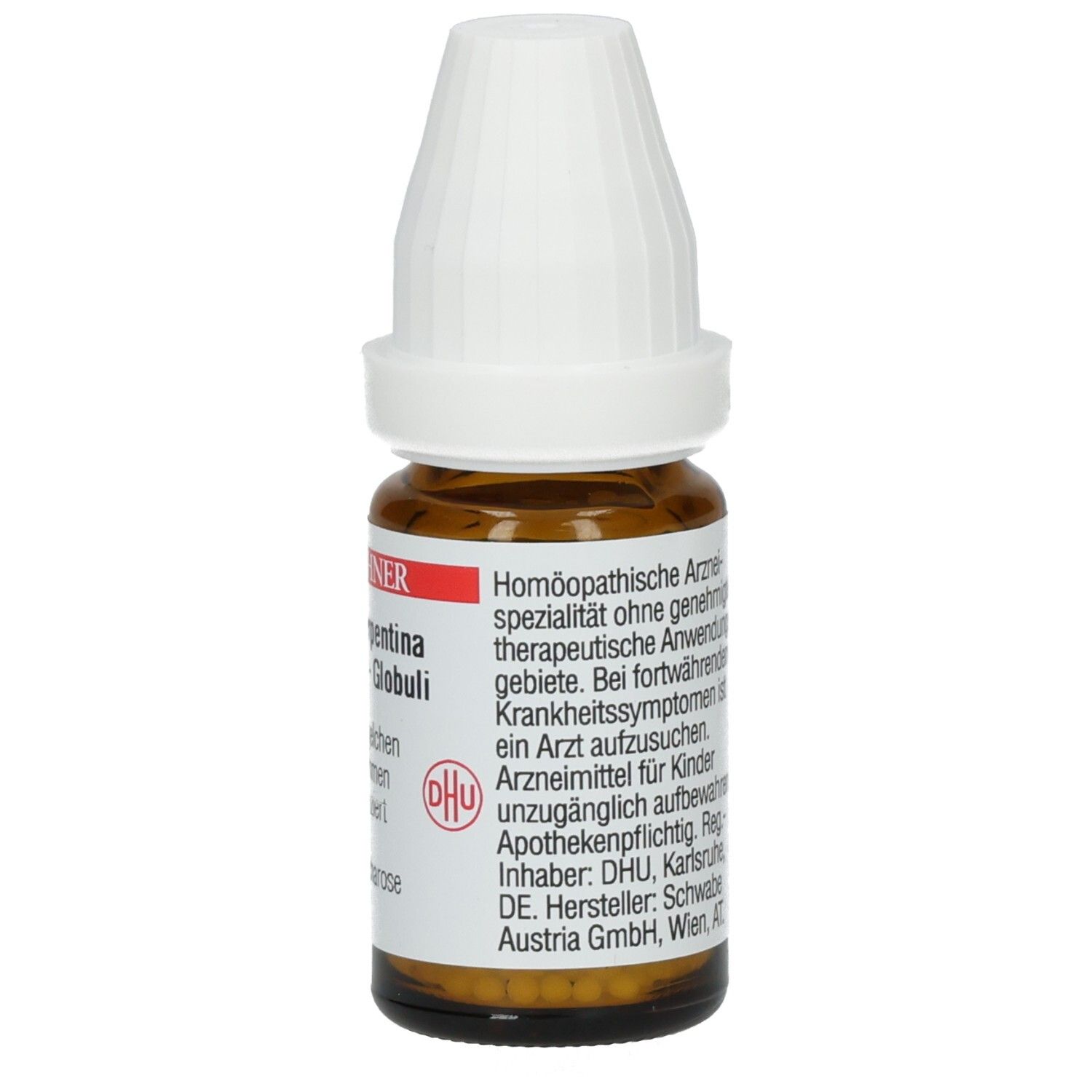 Braune Glasflasche mit weißem Deckel. Etikett mit Text: DR. PEITHNER, Rauwolfia serpentina - DHU - C200 - Globuli, 8 g Streukügelchen.