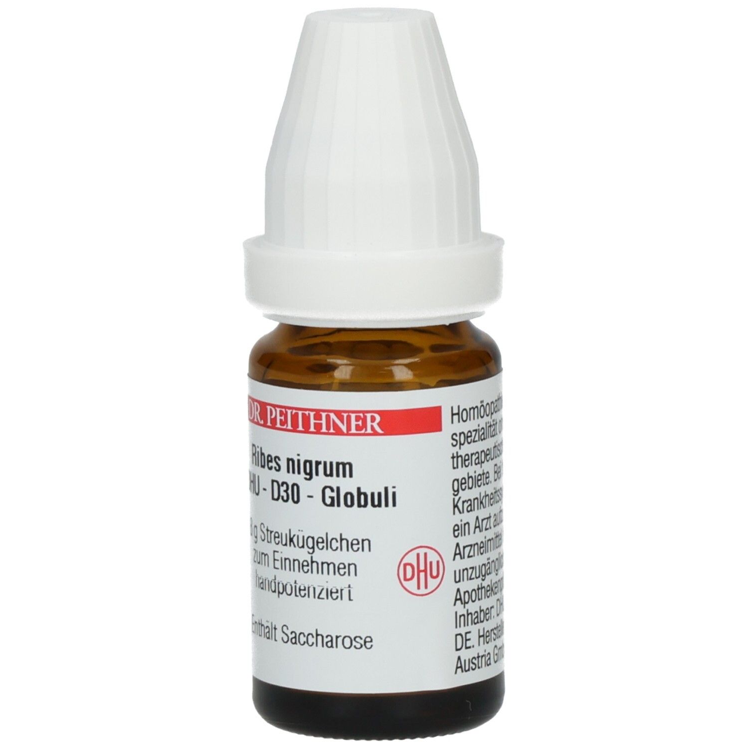 Braune Glasflasche mit weißem Deckel. Etikett mit Produktnamen, DHU-Logo und Text. Enthält Globuli.