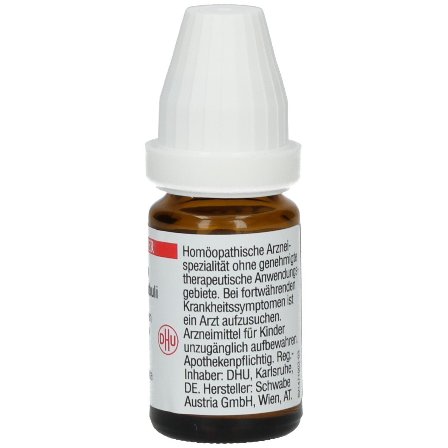 Braune Glasflasche mit weißem Deckel. Etikett mit Text, DHU-Logo und Herstellerinformationen. Rückansicht.