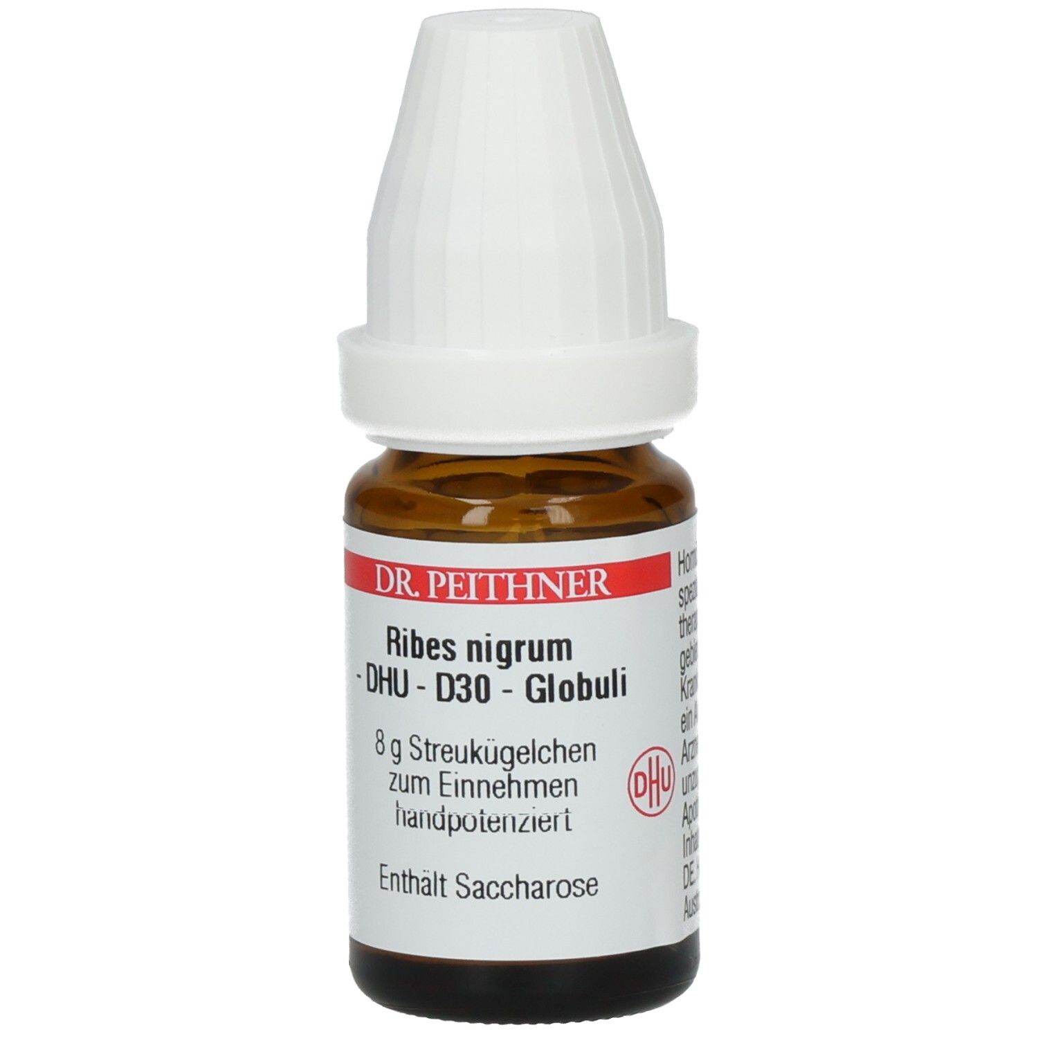 Braune Glasflasche mit weißem Deckel. Etikett mit Produktnamen, DHU-Logo und Text. Enthält Globuli.