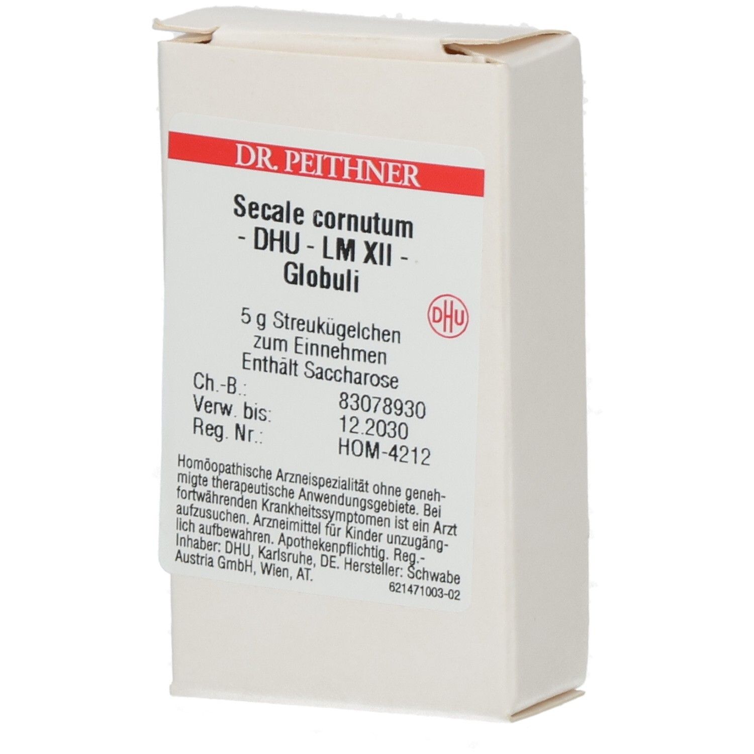 Weiße Faltschachtel mit roter Schrift. Beschriftung: Secale cornutum - DHU - LM XII - Globuli. Enthält Saccharose. DHU Logo.