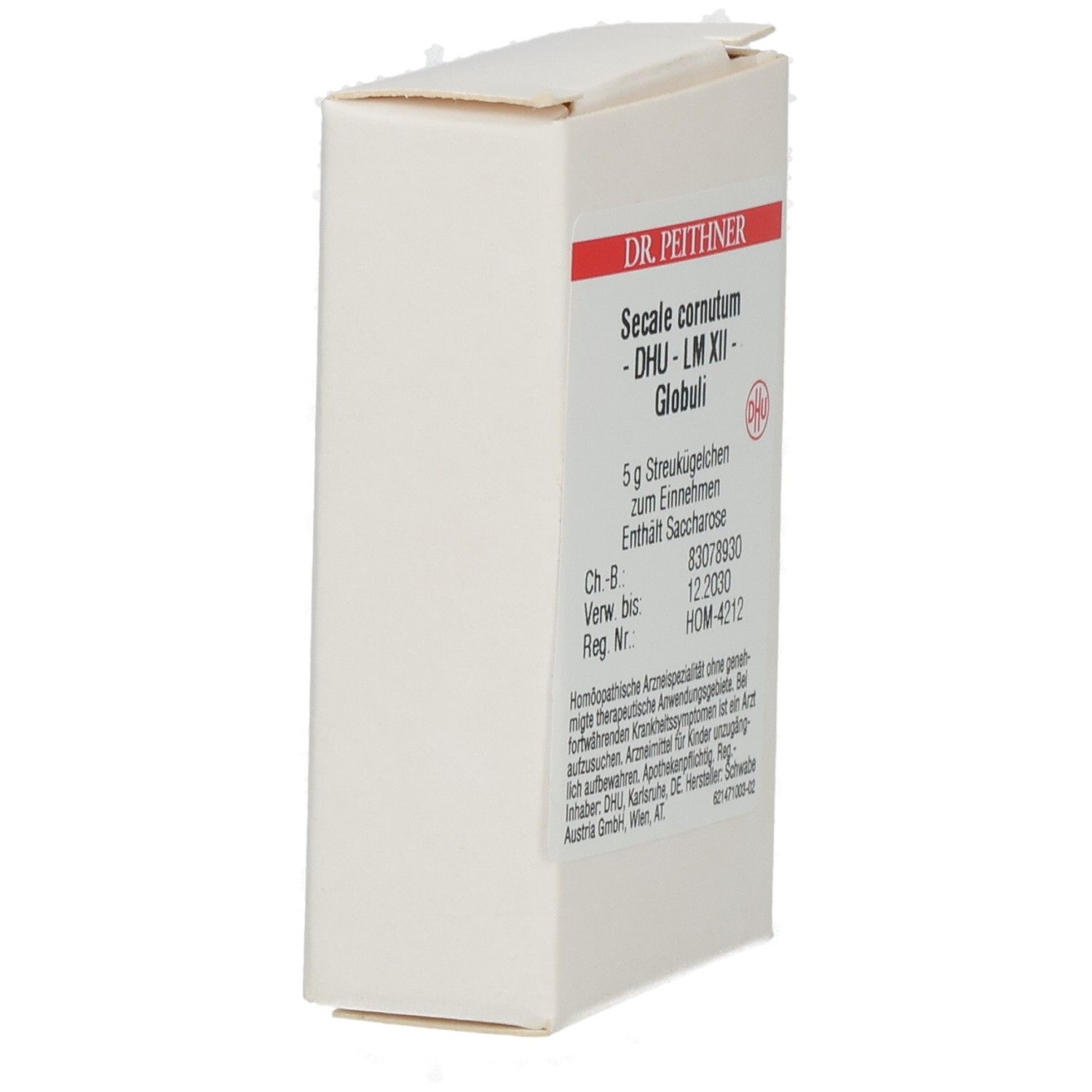 Weiße Faltschachtel, seitliche Ansicht. Beschriftung: Secale cornutum - DHU - LM XII - Globuli. Rote Schrift. DHU Logo.