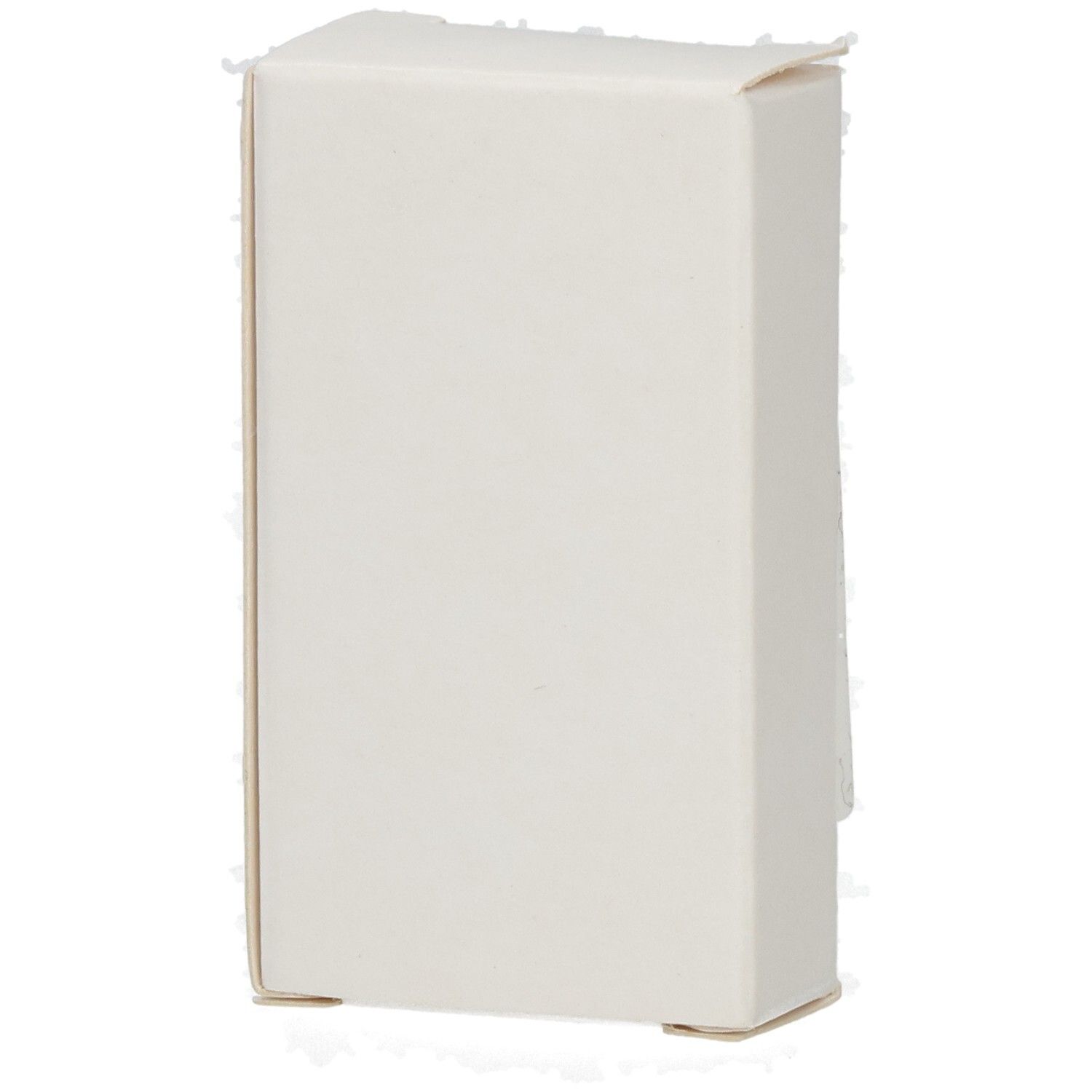 Weiße, geschlossene Faltschachtel. Keine Beschriftung sichtbar. Eckige Form.