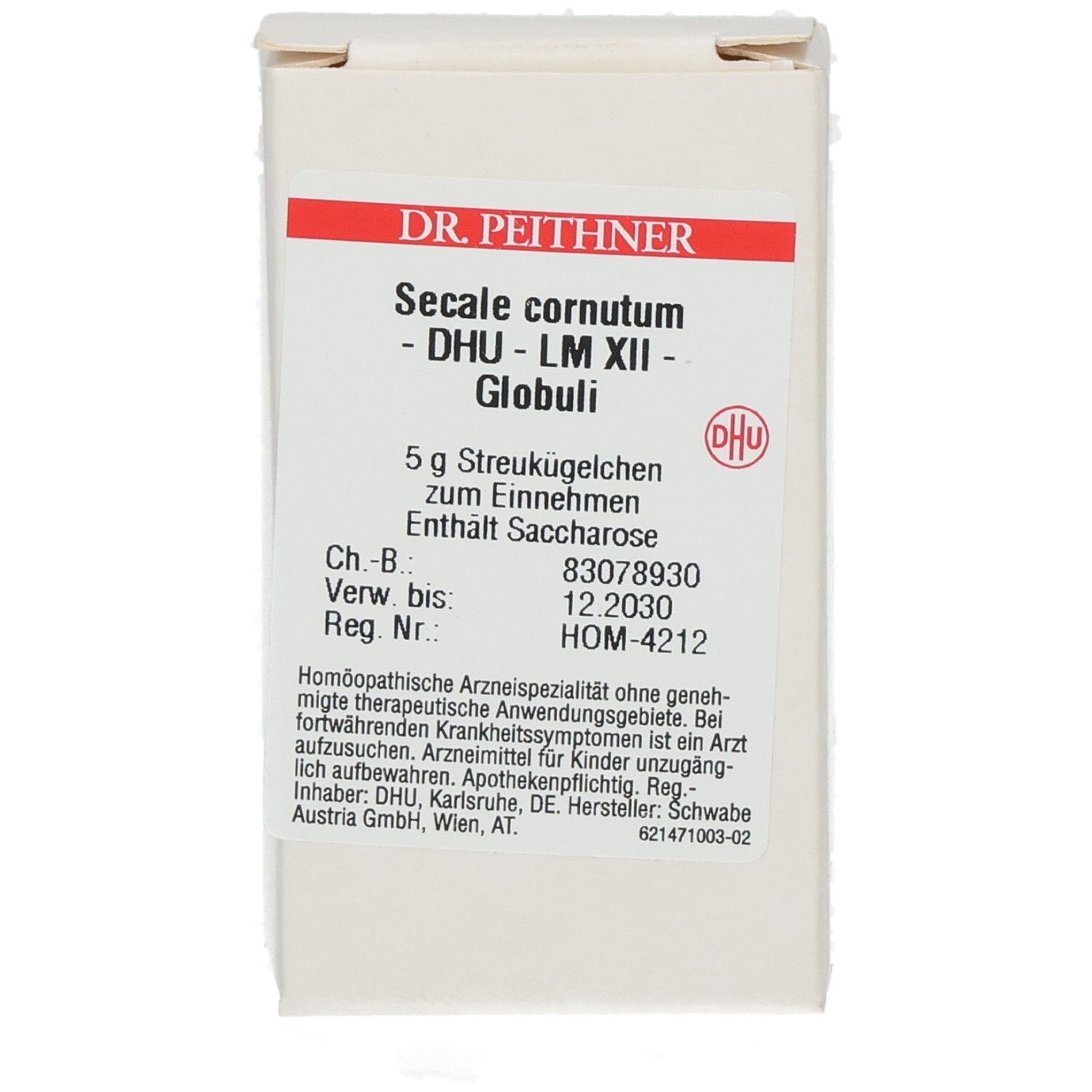 Weiße Faltschachtel mit roter Schrift. Beschriftung: Secale cornutum - DHU - LM XII - Globuli. Enthält Saccharose. DHU Logo.