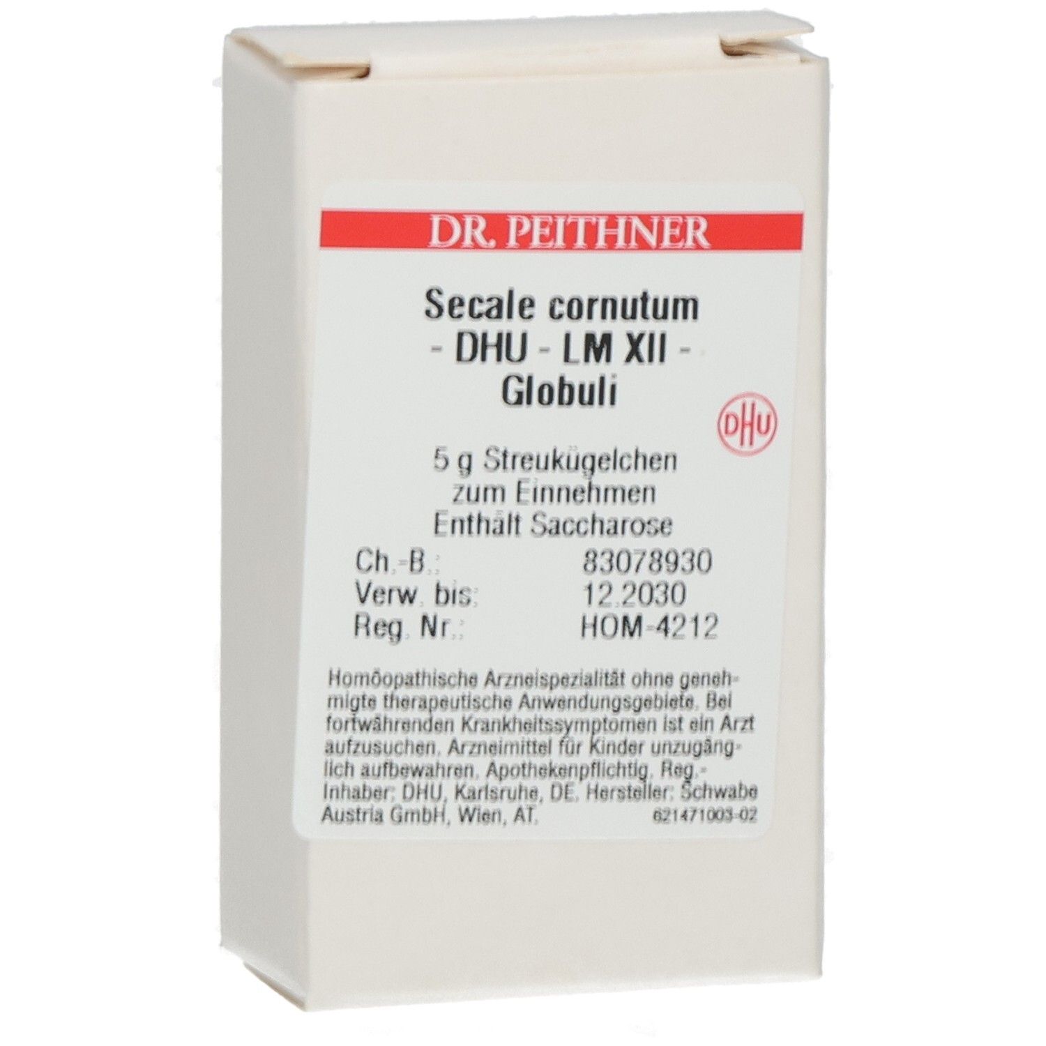 Weiße Faltschachtel mit roter Schrift. Beschriftung: Secale cornutum - DHU - LM XII - Globuli. Enthält Saccharose. DHU Logo.