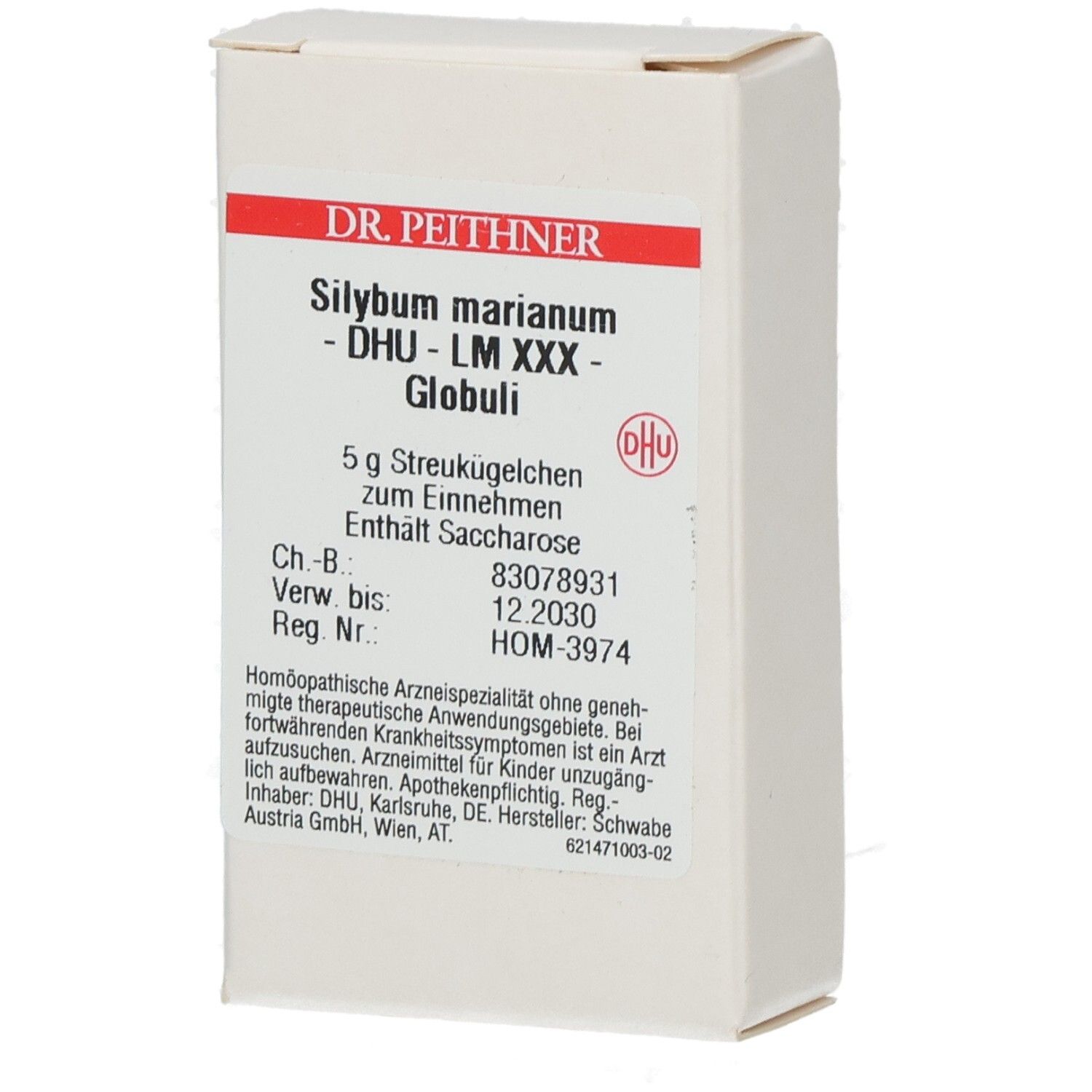 Weiße Faltschachtel mit Produktinformationen. Aufschrift: Silybum marianum - DHU - LM XXX - Globuli. Enthält Saccharose. Marke DHU.