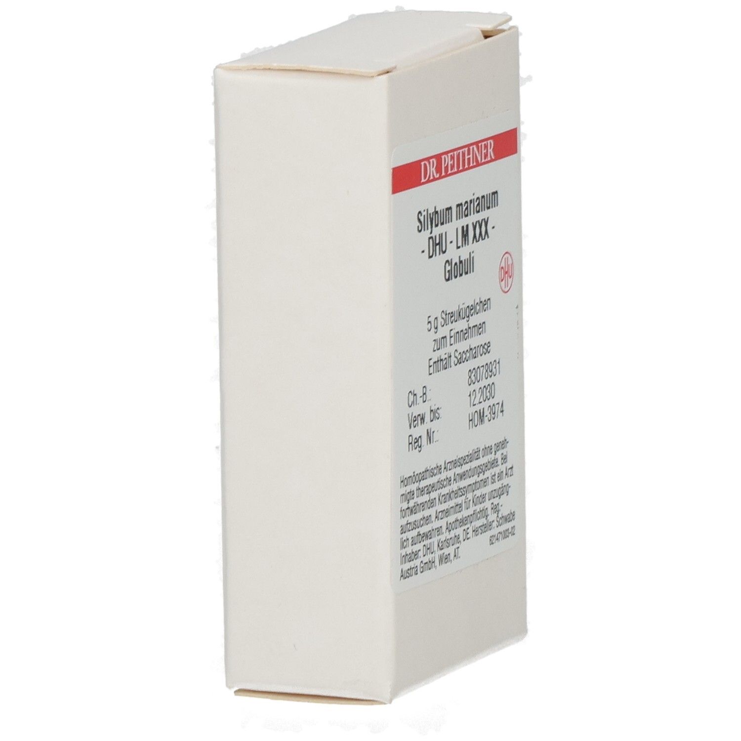 Weiße Faltschachtel, Seitenansicht. Aufschrift: Silybum marianum - DHU - LM XXX - Globuli. Marke DHU.
