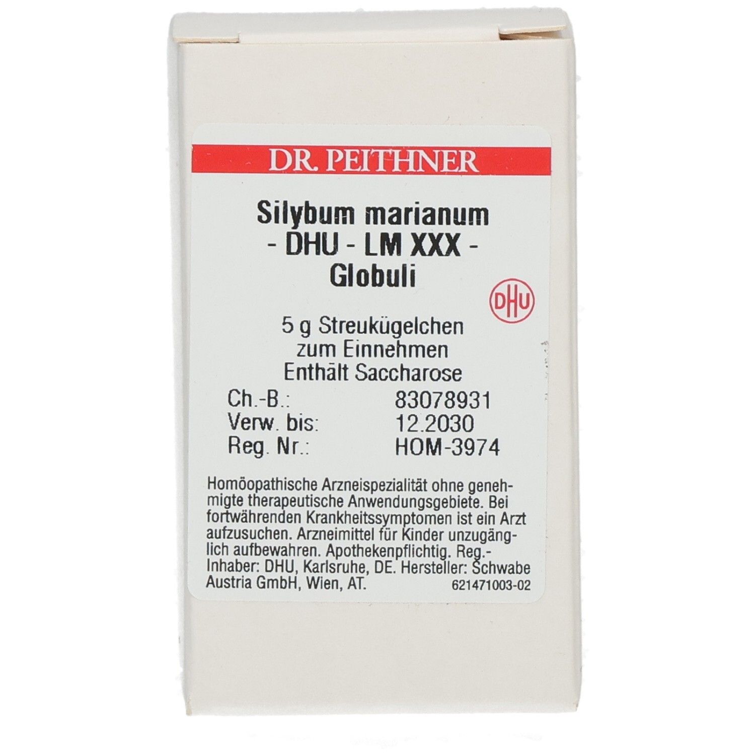 Weiße Faltschachtel mit Produktinformationen. Aufschrift: Silybum marianum - DHU - LM XXX - Globuli. Marke DHU.