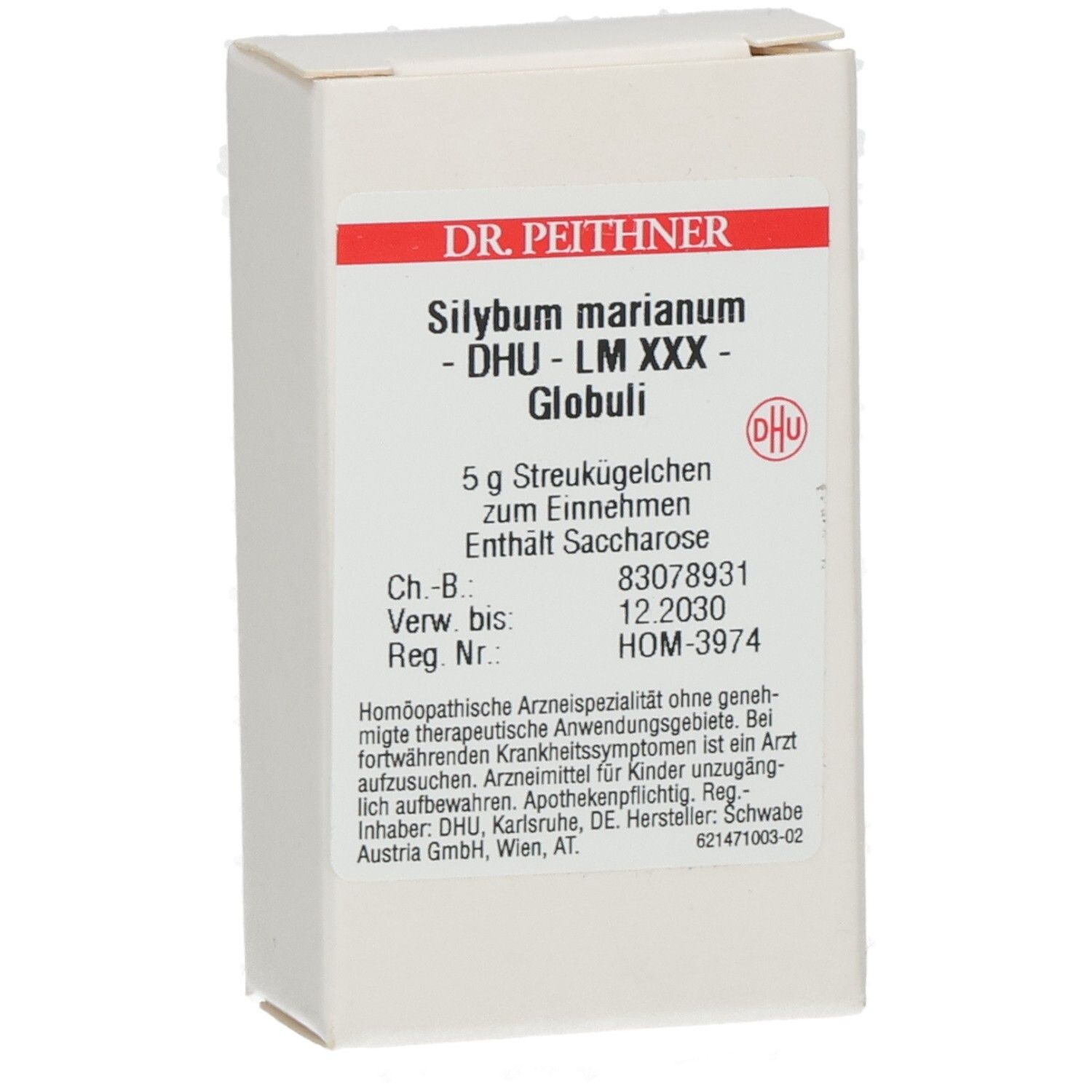 Weiße Faltschachtel mit Produktinformationen. Aufschrift: Silybum marianum - DHU - LM XXX - Globuli. Marke DHU.