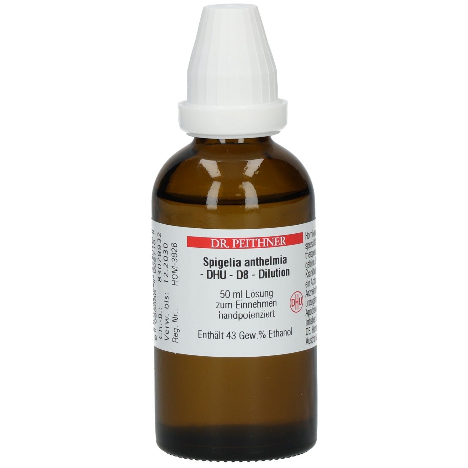 Braune Glasflasche mit weißem Verschluss. Etikett mit Produktnamen, DHU-Bezeichnung und weiteren Informationen. Tropfflasche.