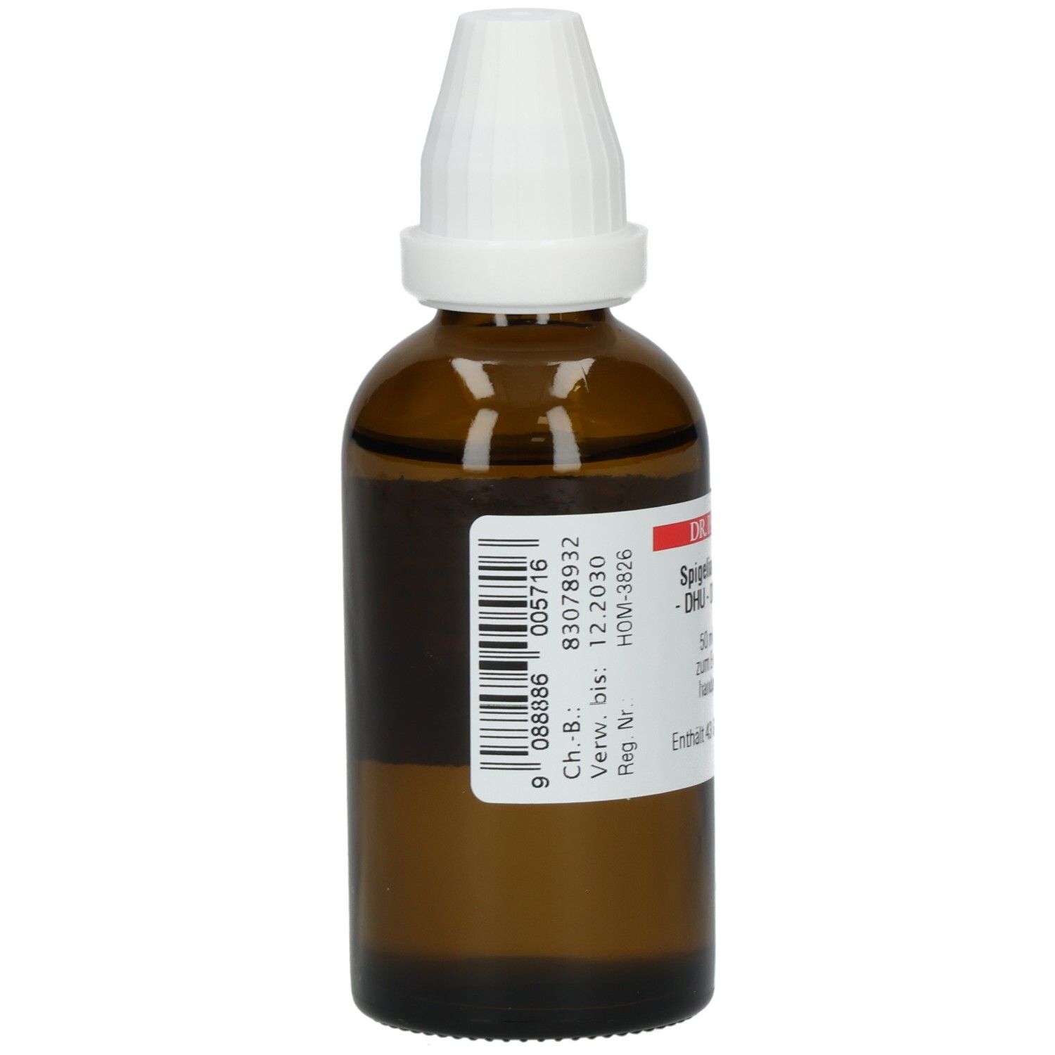 Braune Glasflasche mit weißem Verschluss. Barcode und weitere Informationen auf dem Etikett. Tropfflasche.