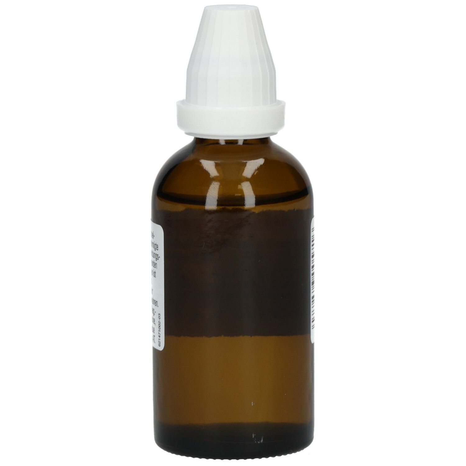 Braune Glasflasche mit weißem Verschluss. Etikett mit Produktinformationen. Tropfflasche.