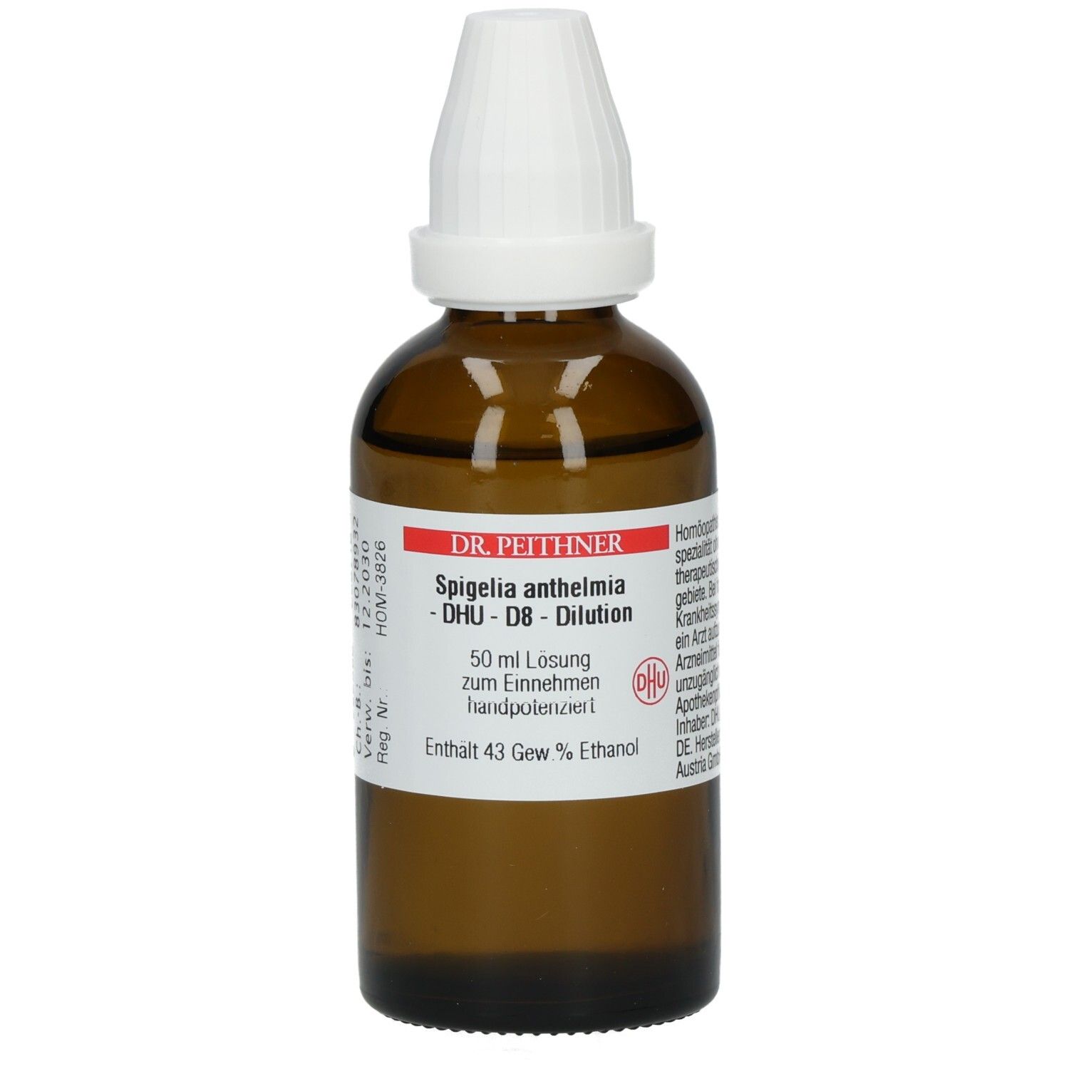 Braune Glasflasche mit weißem Verschluss. Etikett mit Produktnamen, DHU-Bezeichnung und weiteren Informationen. Tropfflasche.