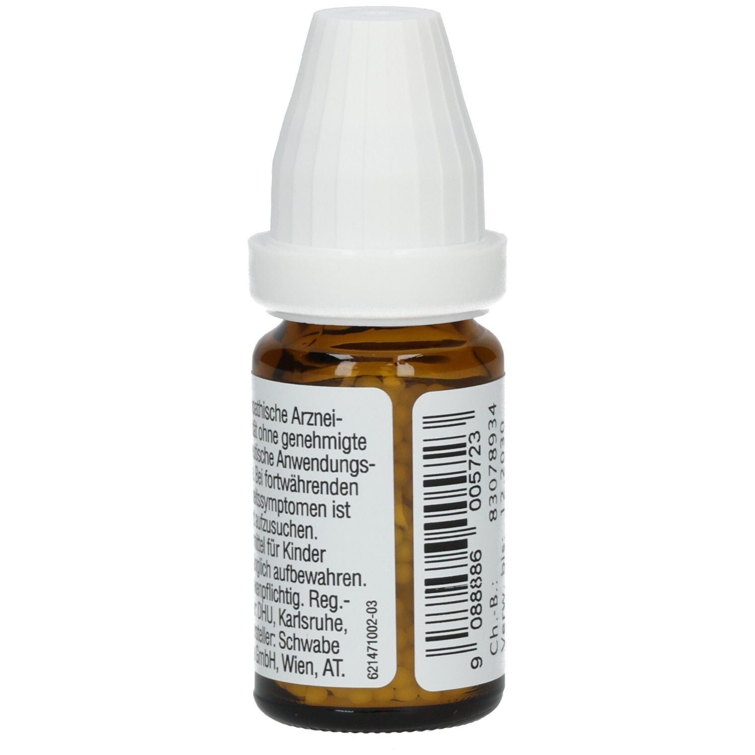 Braune Glasflasche mit weißem Deckel. Etikett mit Herstellerinformationen und Warnhinweisen. Rückansicht.