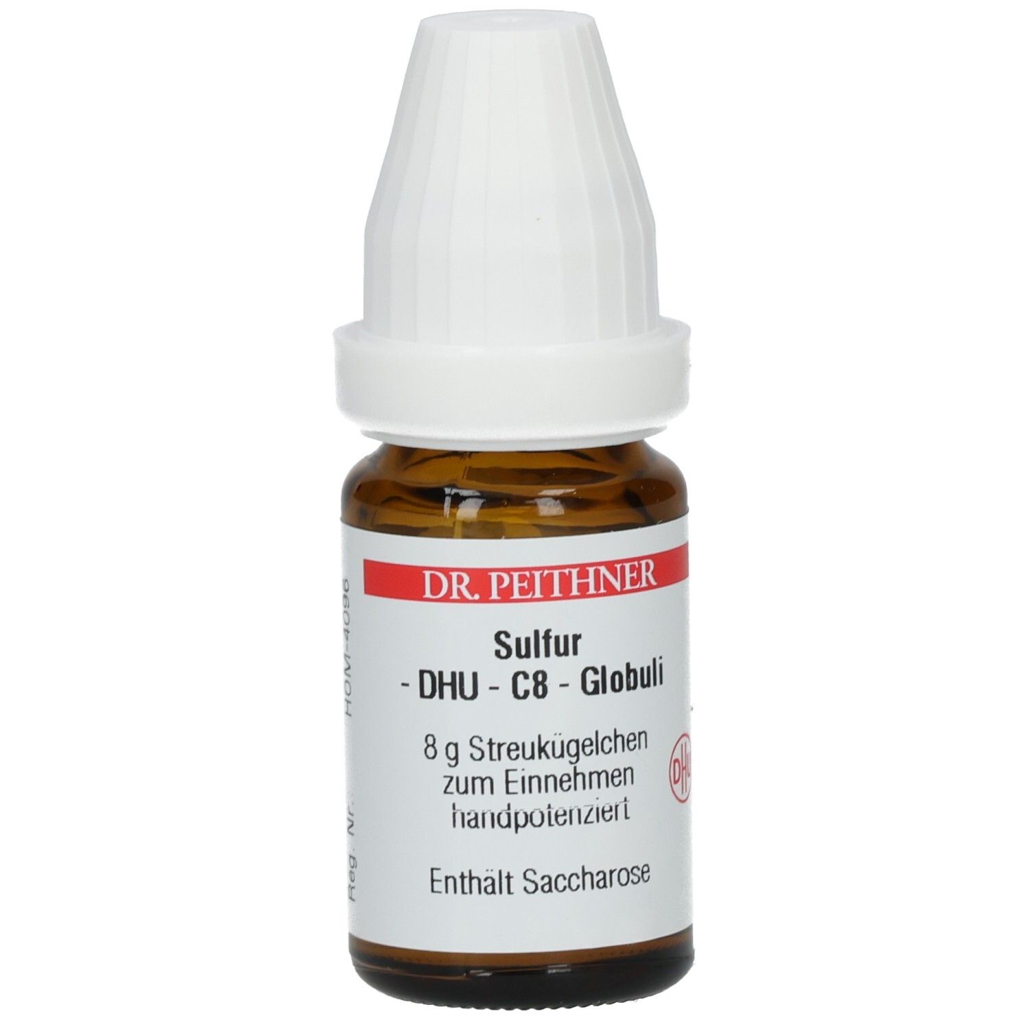 Braune Glasflasche mit weißem Deckel. Etikett mit Produktnamen, Hersteller und Inhaltsangabe. Enthält Streukügelchen.