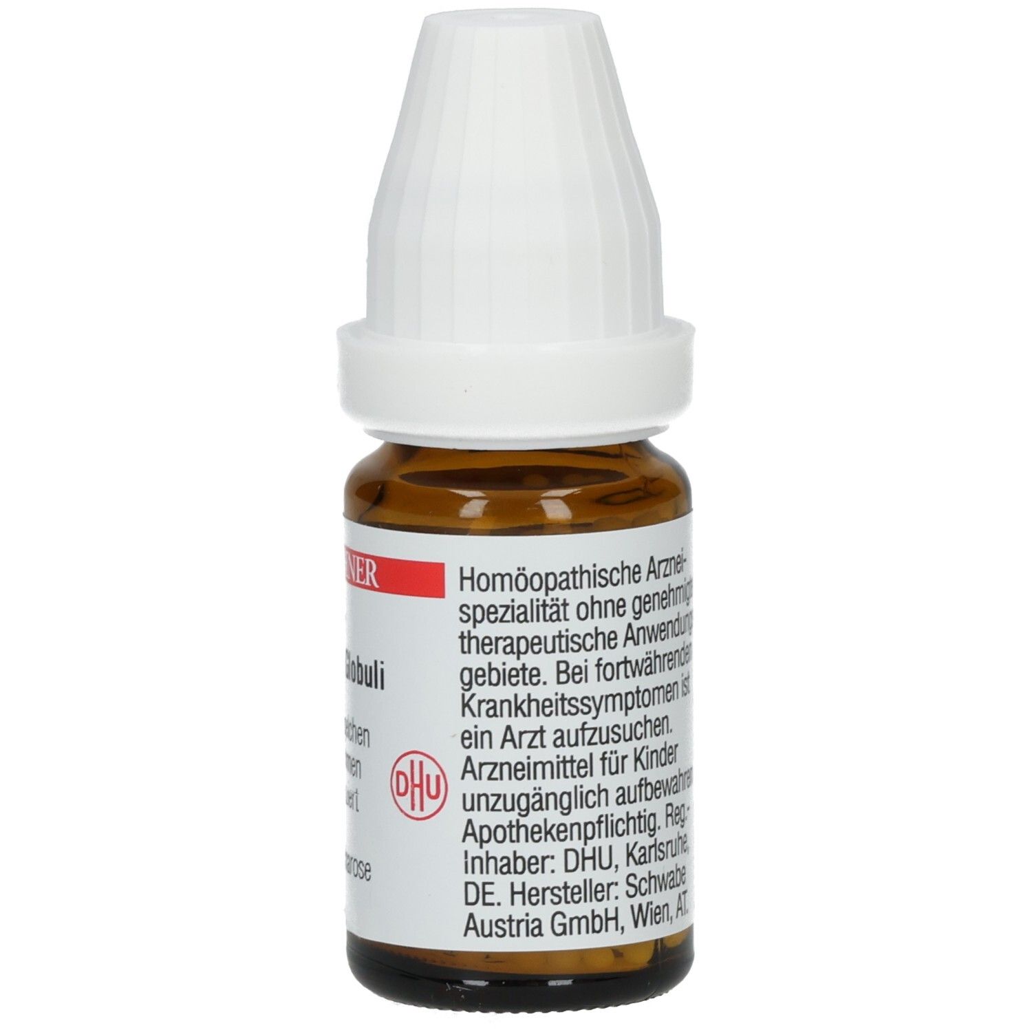 Braune Glasflasche mit weißem Deckel. Etikett mit Produktnamen, Hersteller und Inhaltsangabe. Enthält Streukügelchen.