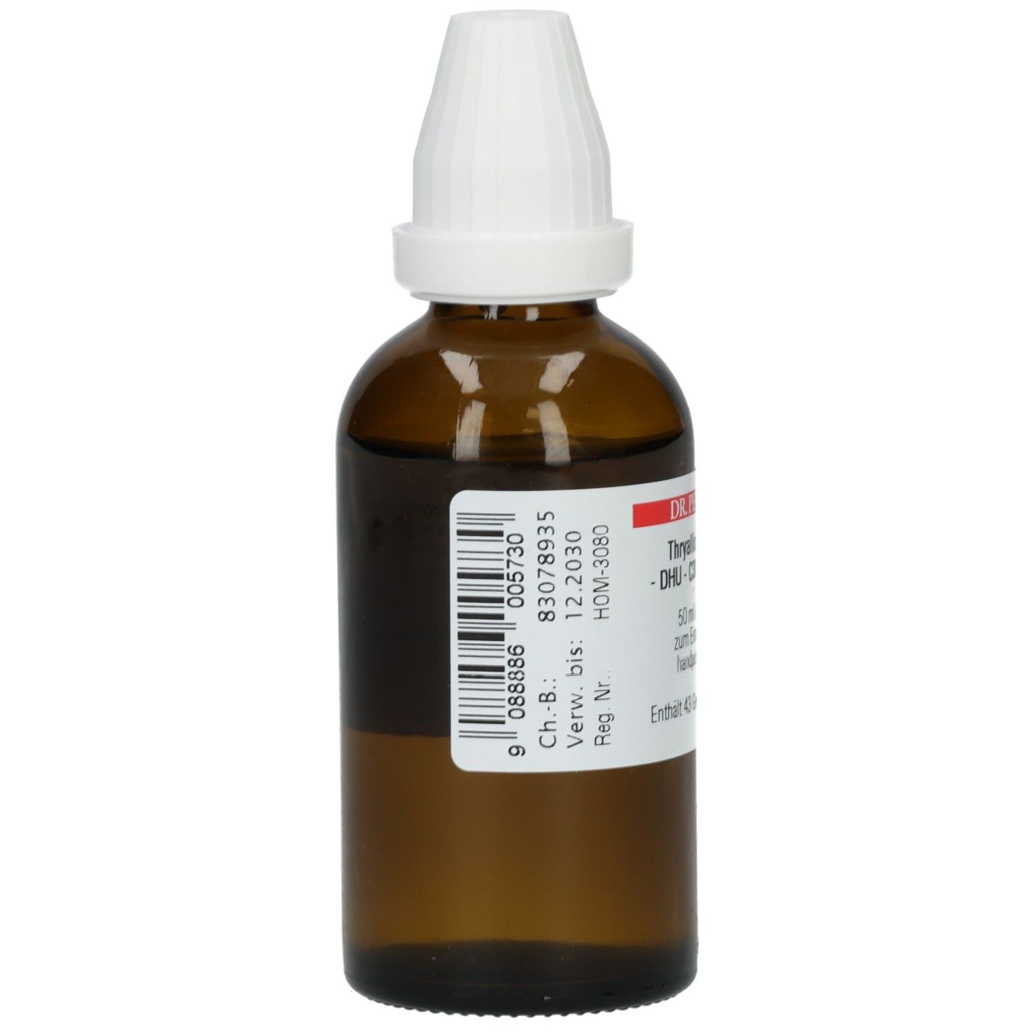 Braune Glasflasche mit weißem Verschluss. Etikett mit Barcode und Chargennummer. Rückansicht.