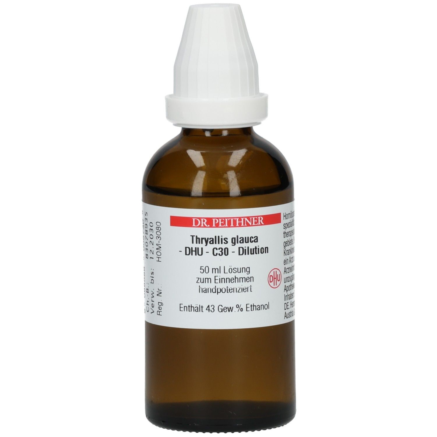 Braune Glasflasche mit weißem Verschluss. Beschriftung: Thryallis glauca - C30 - Dilution. Enthält 43 Gew.% Ethanol.