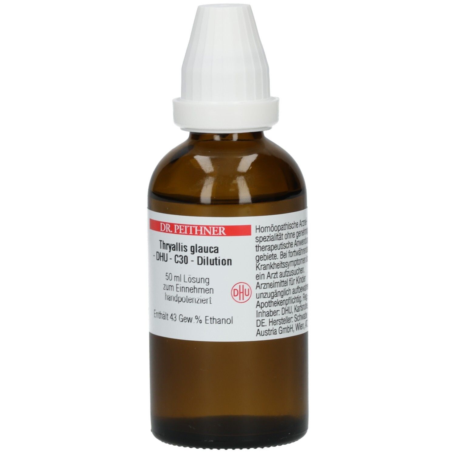 Braune Glasflasche mit weißem Verschluss. Beschriftung: Thryallis glauca - C30 - Dilution. Enthält 43 Gew.% Ethanol.