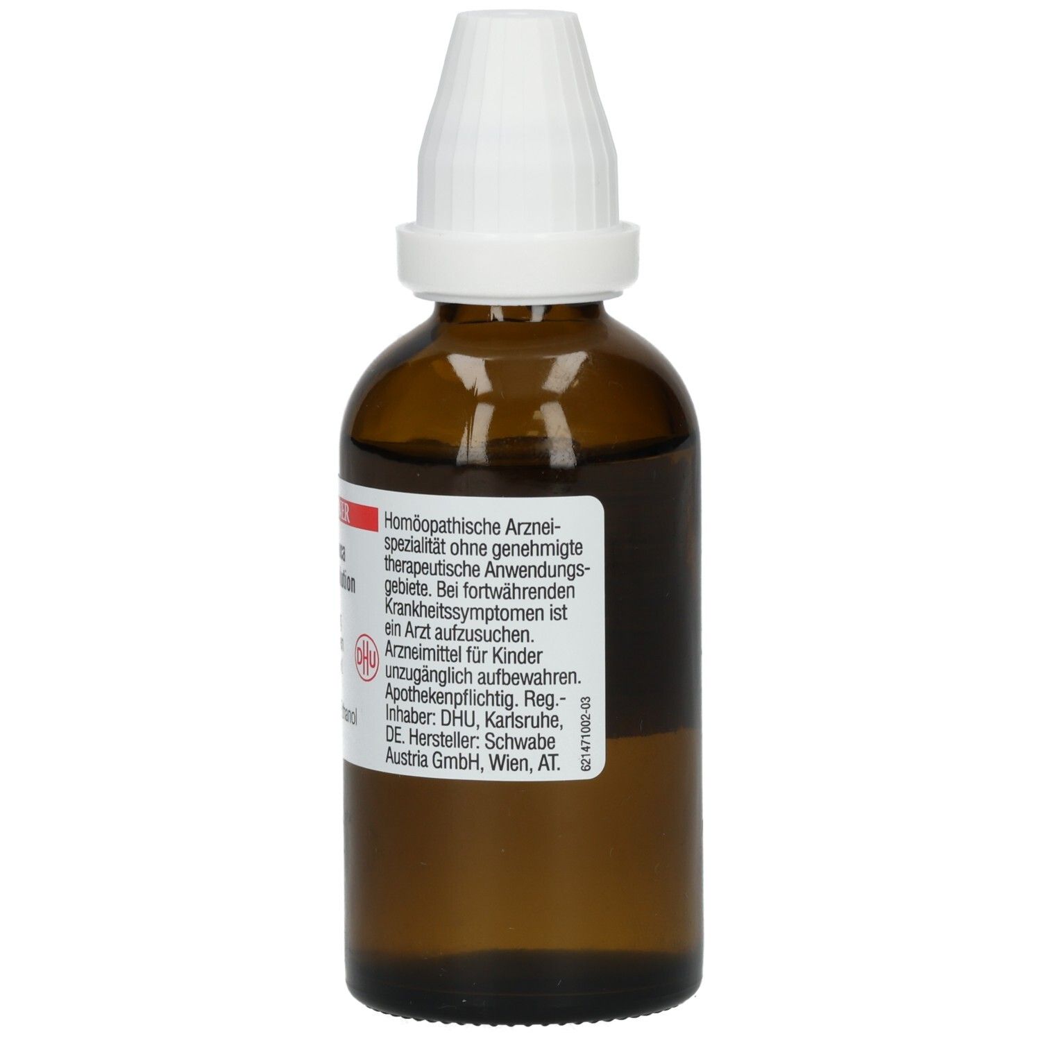 Braune Glasflasche mit weißem Verschluss. Etikett mit Text. Rückansicht.