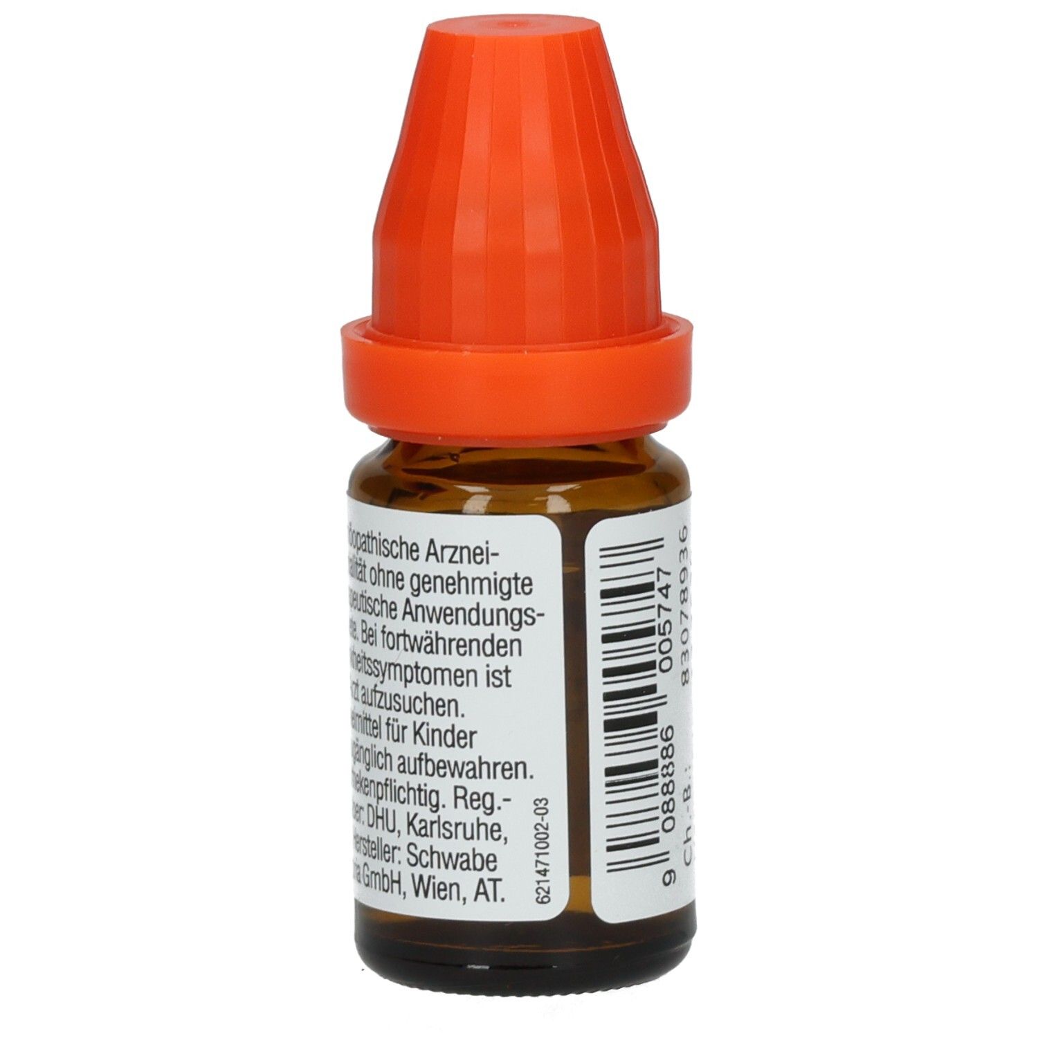 Braune Glasflasche mit orangefarbenem Verschluss. Aufkleber mit Text. Beschriftung: DR. PEITHNER, homöopathische Arznei.