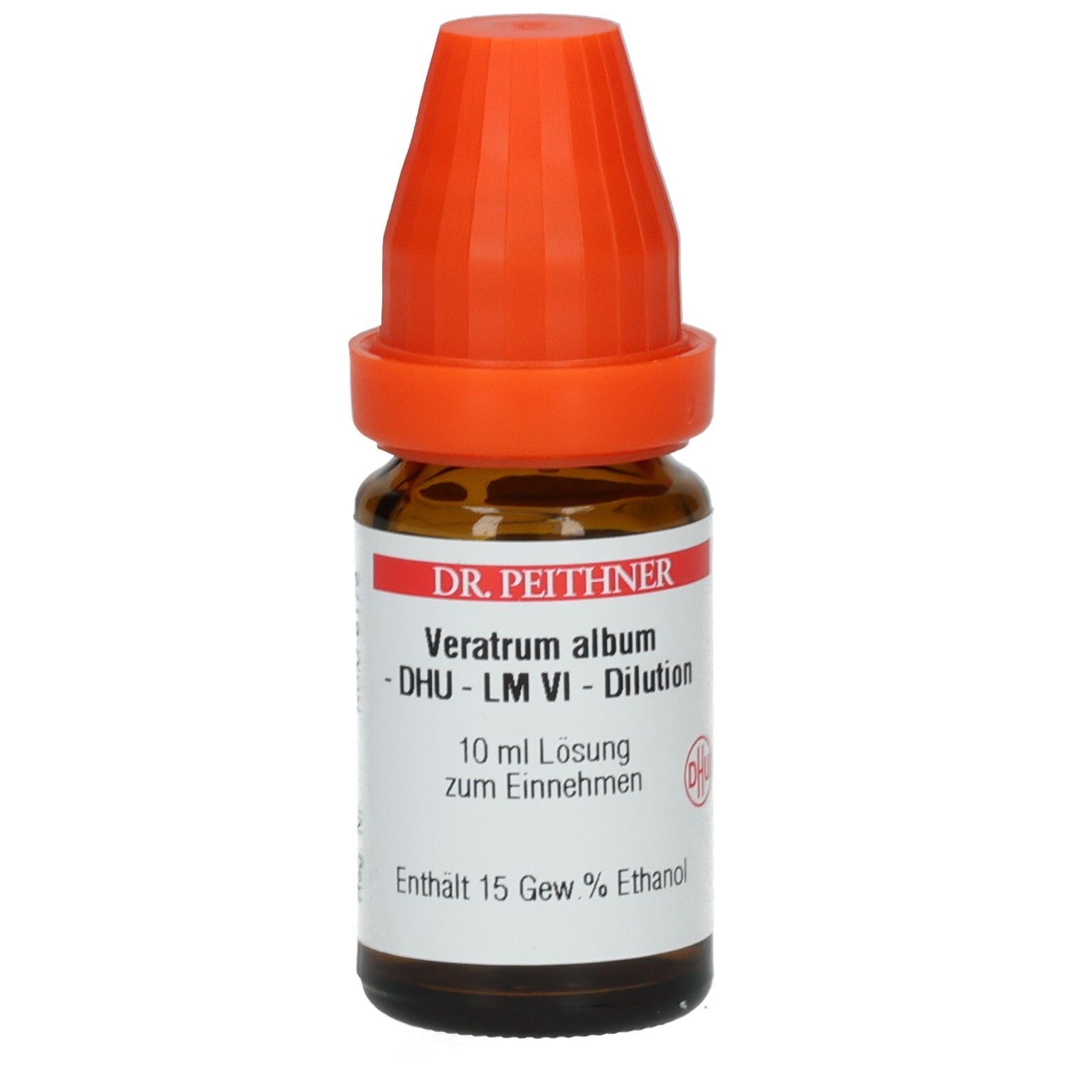 Braune Glasflasche mit orangefarbenem Verschluss. Beschriftung: DR. PEITHNER, Veratrum album, DHU, LM VI, 10 ml Lösung.