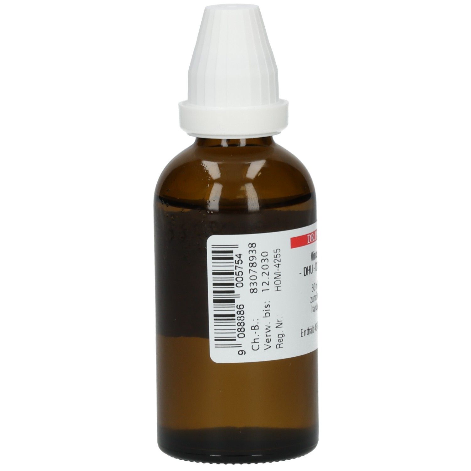 Braune Glasflasche mit weißem Verschluss. Etikett mit Barcode und Produktinformationen. Verfallsdatum: 12.2030.