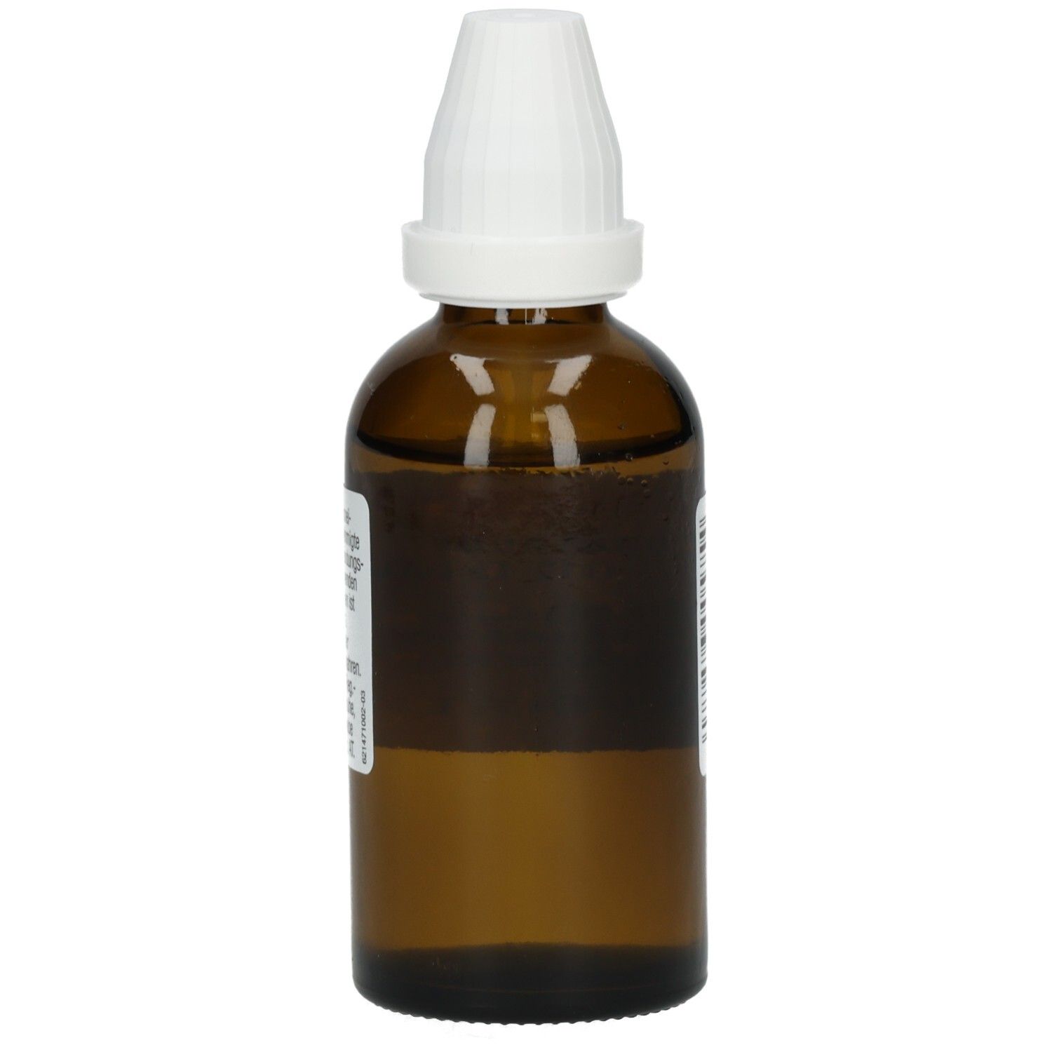 Braune Glasflasche mit weißem Verschluss. Etiketten auf der Flasche.