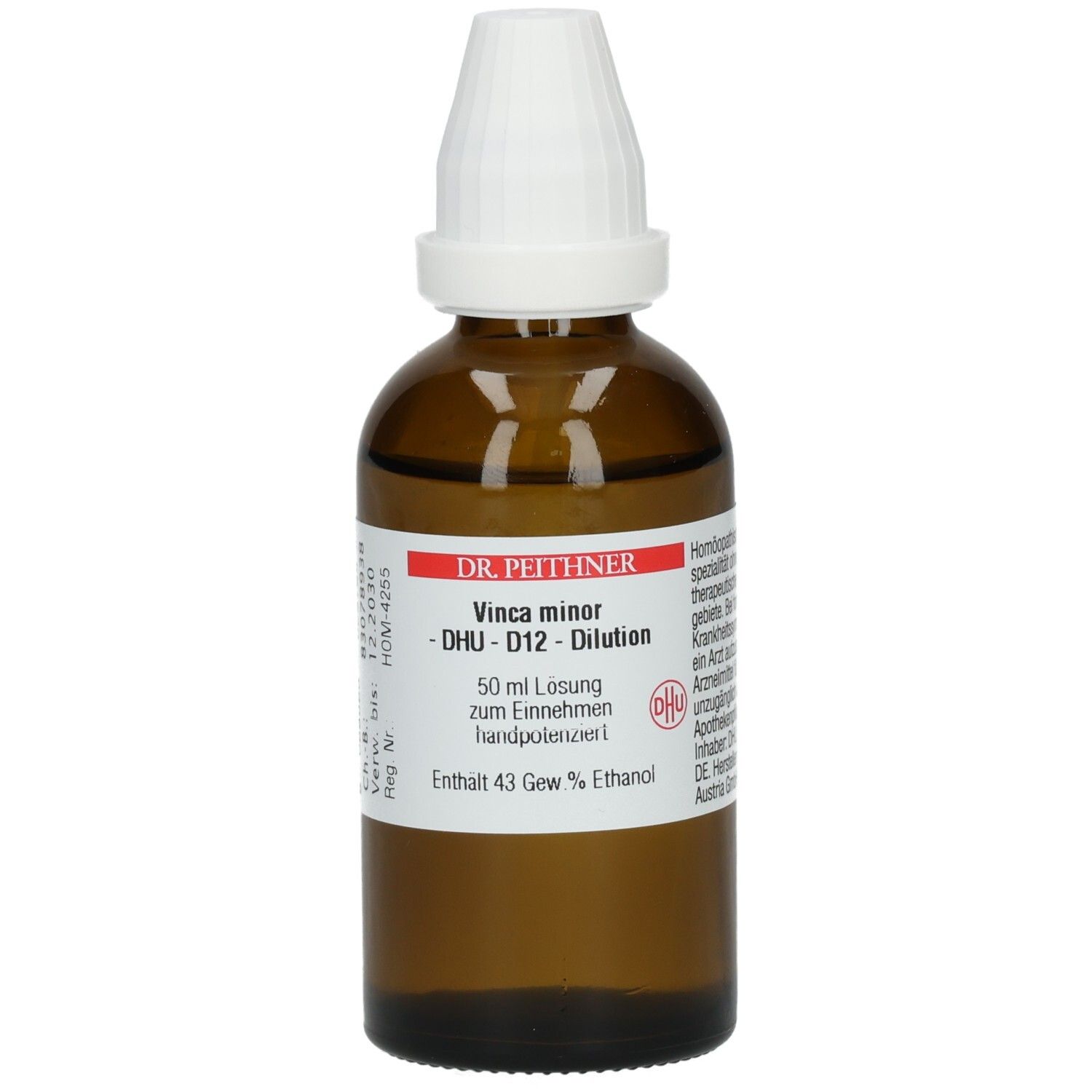 Braune Glasflasche mit weißem Verschluss. Etikett mit Produktinformationen: Vinca minor D12 DHU Dilution, 50 ml Lösung, 43 Gew.% Ethanol.