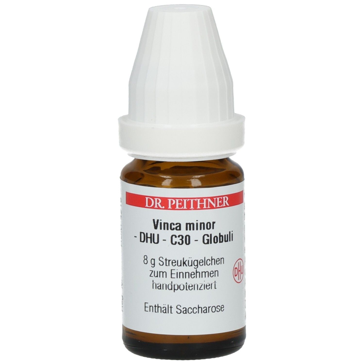 Braune Glasflasche mit weißem Deckel. Etikett mit Produktnamen, DHU-C30-Globuli und weiteren Informationen.