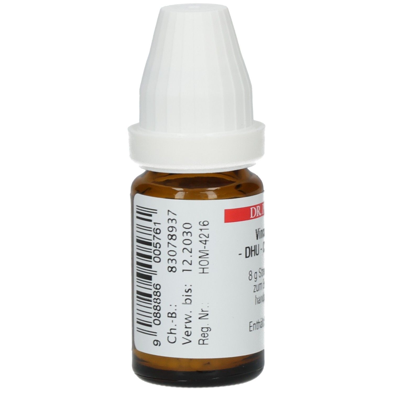 Braune Glasflasche mit weißem Deckel. Etikett mit Barcode und weiteren Produktinformationen.