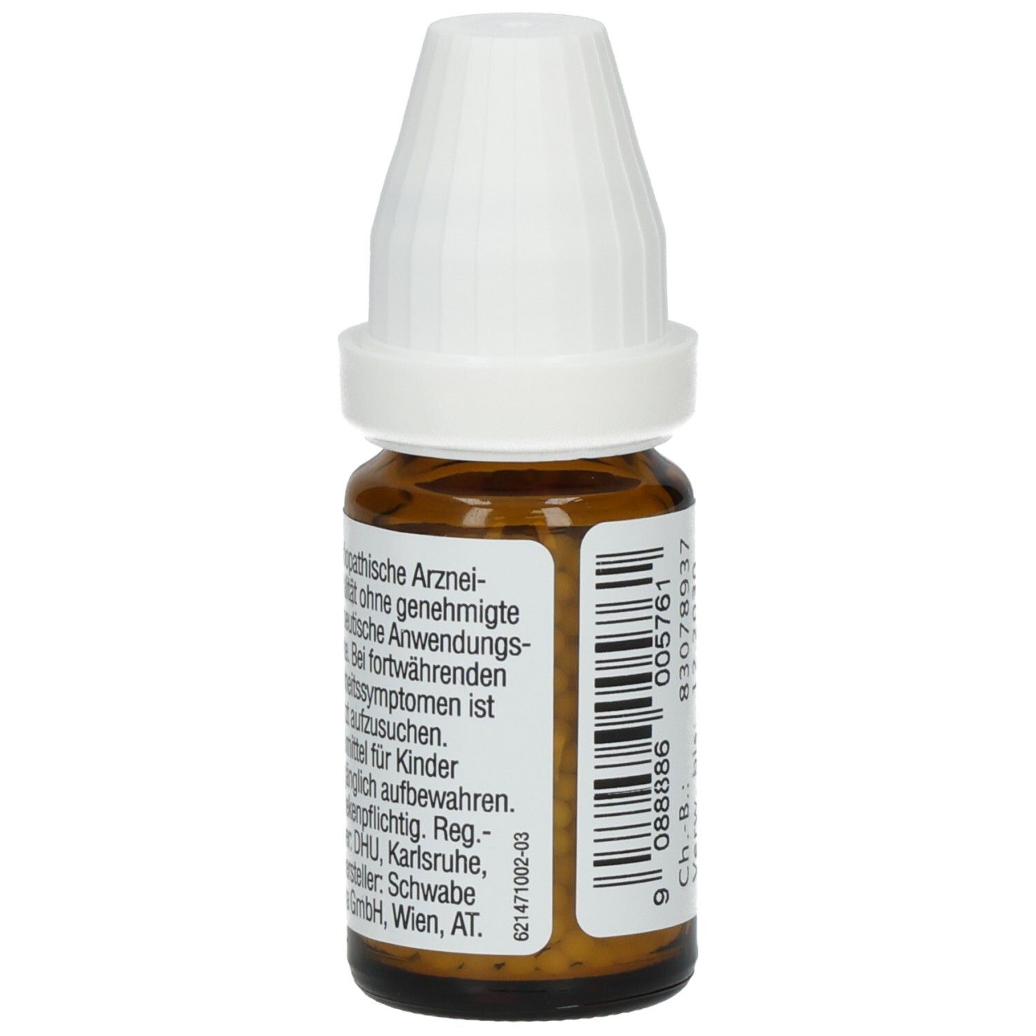 Braune Glasflasche mit weißem Deckel. Etikett mit Text über homöopathische Arzneimittel und weitere Informationen.