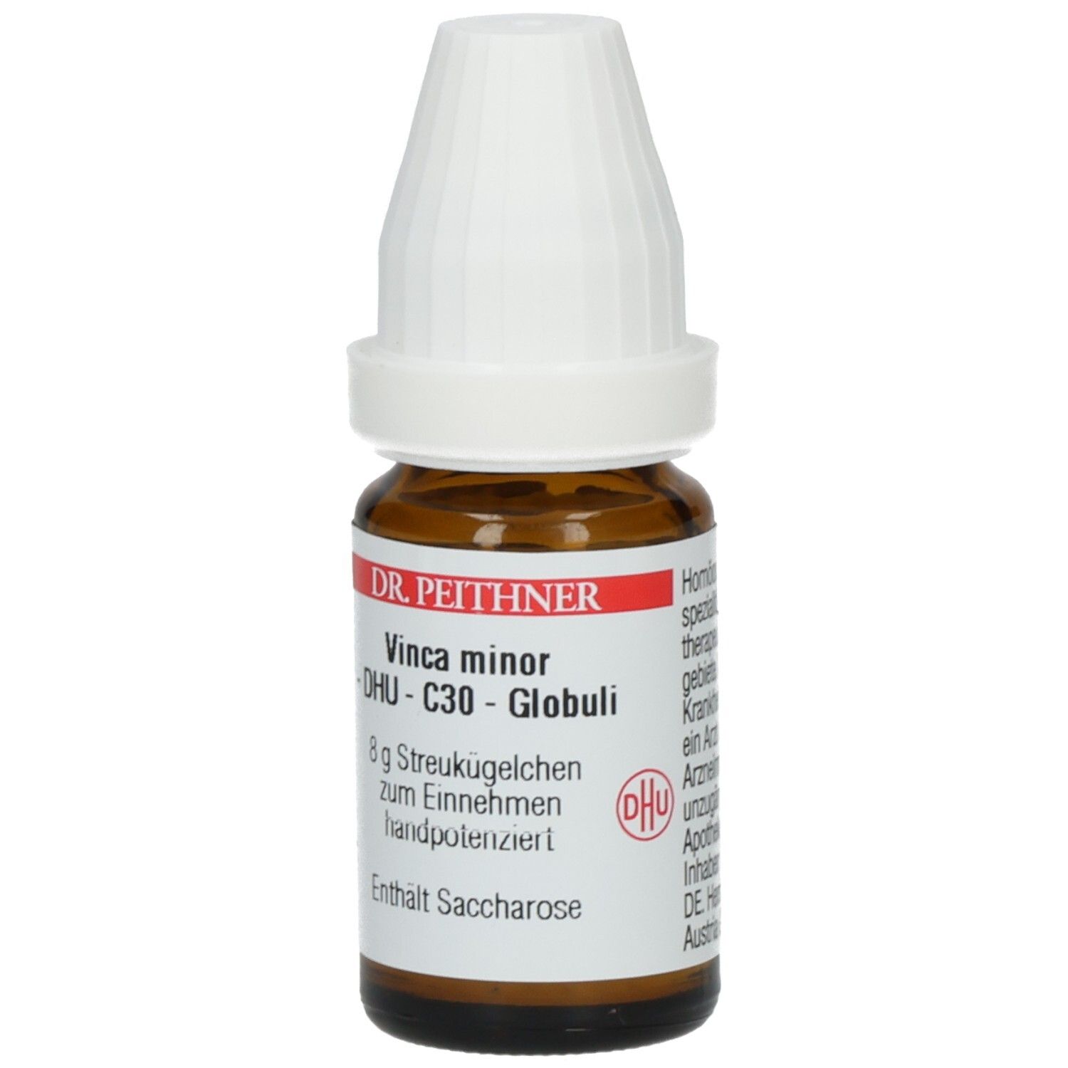 Braune Glasflasche mit weißem Deckel. Etikett mit Produktnamen, DHU-C30-Globuli und DHU-Logo.
