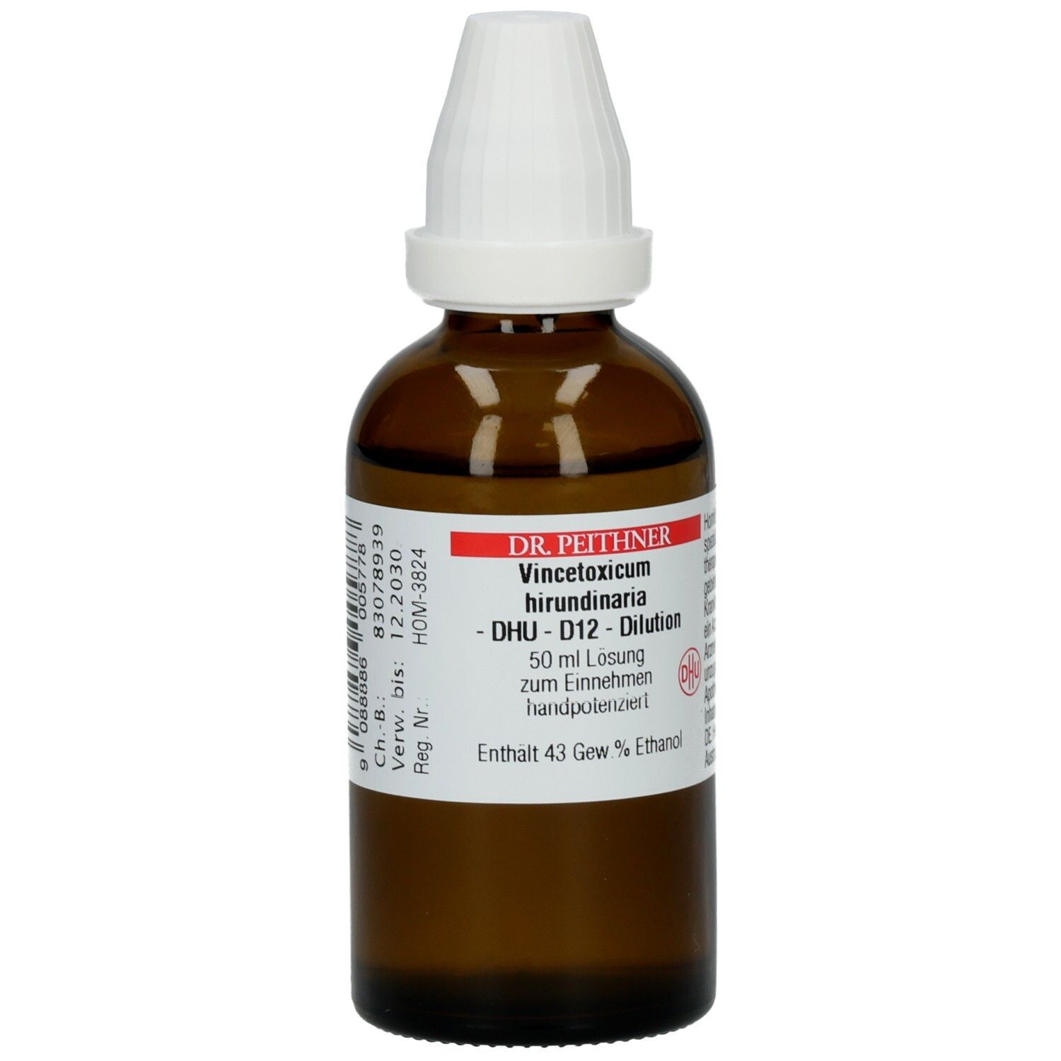 Braune Glasflasche mit weißem Verschluss. Etikett mit Produktinformationen: VINCETOXICUM D 12 DHU DIL, 50 ml Lösung, 43 Gew.% Ethanol.