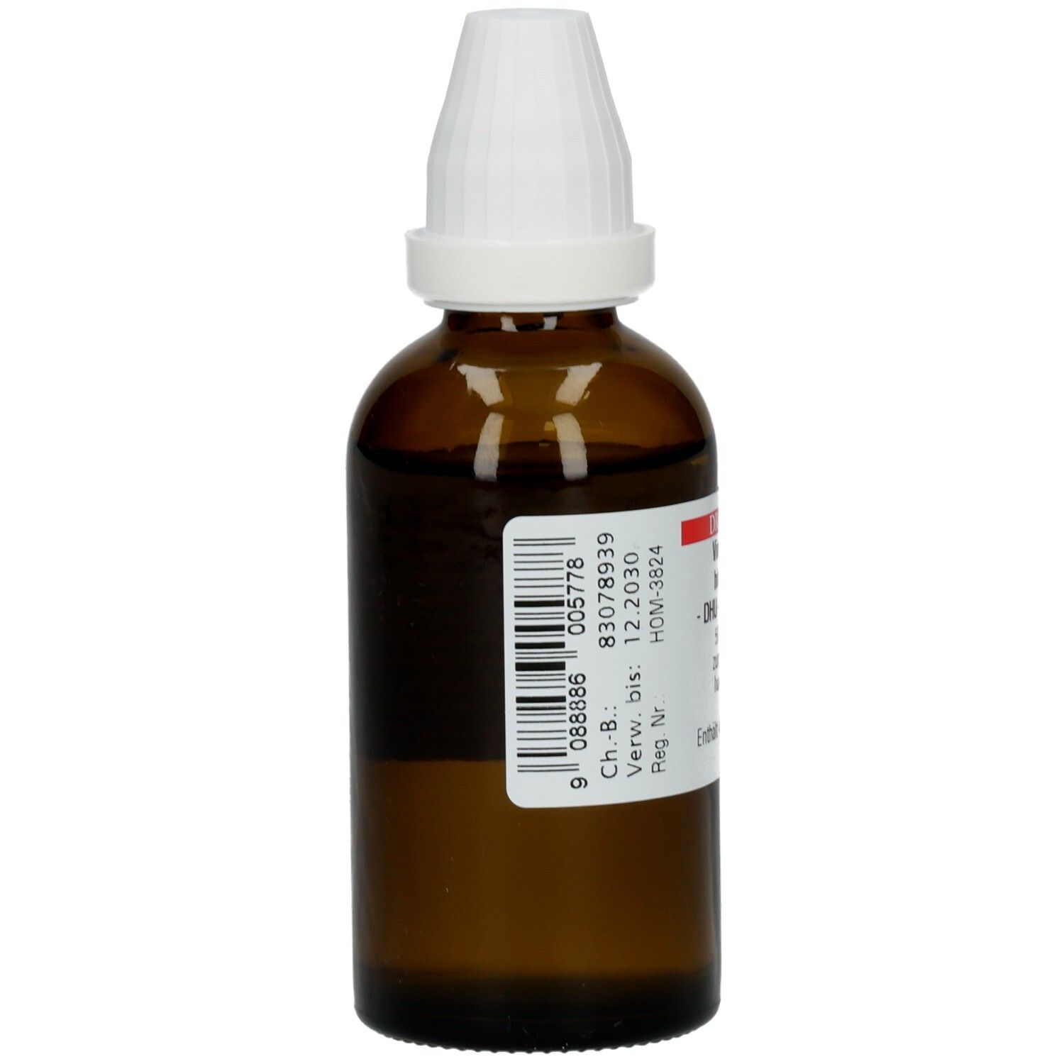 Braune Glasflasche mit weißem Verschluss. Etikett mit Barcode und Produktinformationen. Verfallsdatum 12.2030.