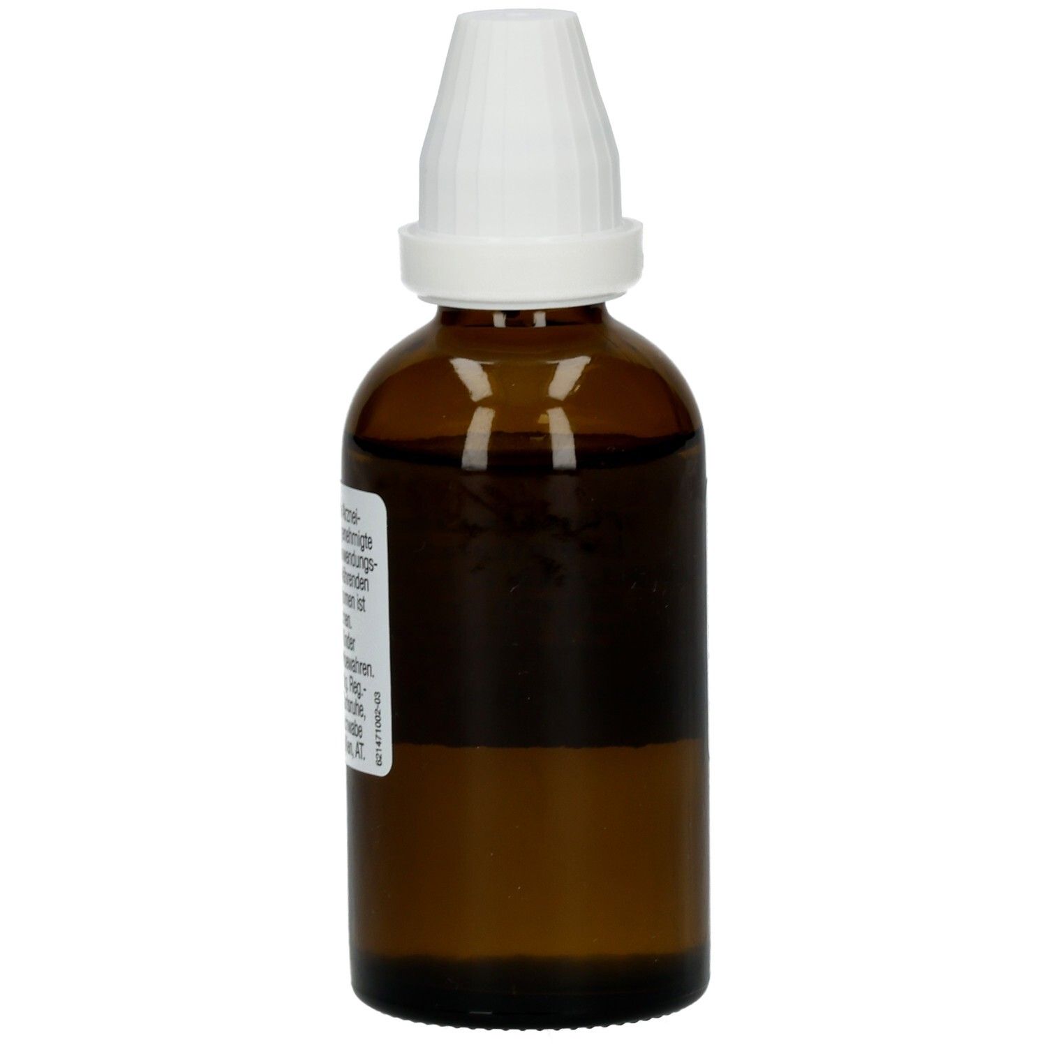 Braune Glasflasche mit weißem Verschluss. Etikett mit Produktinformationen. Teilweise verdeckte Informationen.