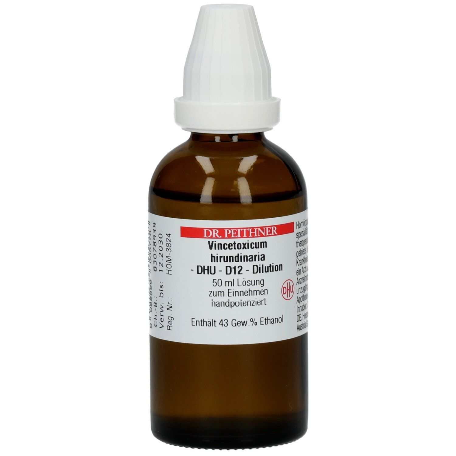 Braune Glasflasche mit weißem Verschluss. Etikett mit Produktinformationen: VINCETOXICUM D 12 DHU DIL, 50 ml Lösung, 43 Gew.% Ethanol.