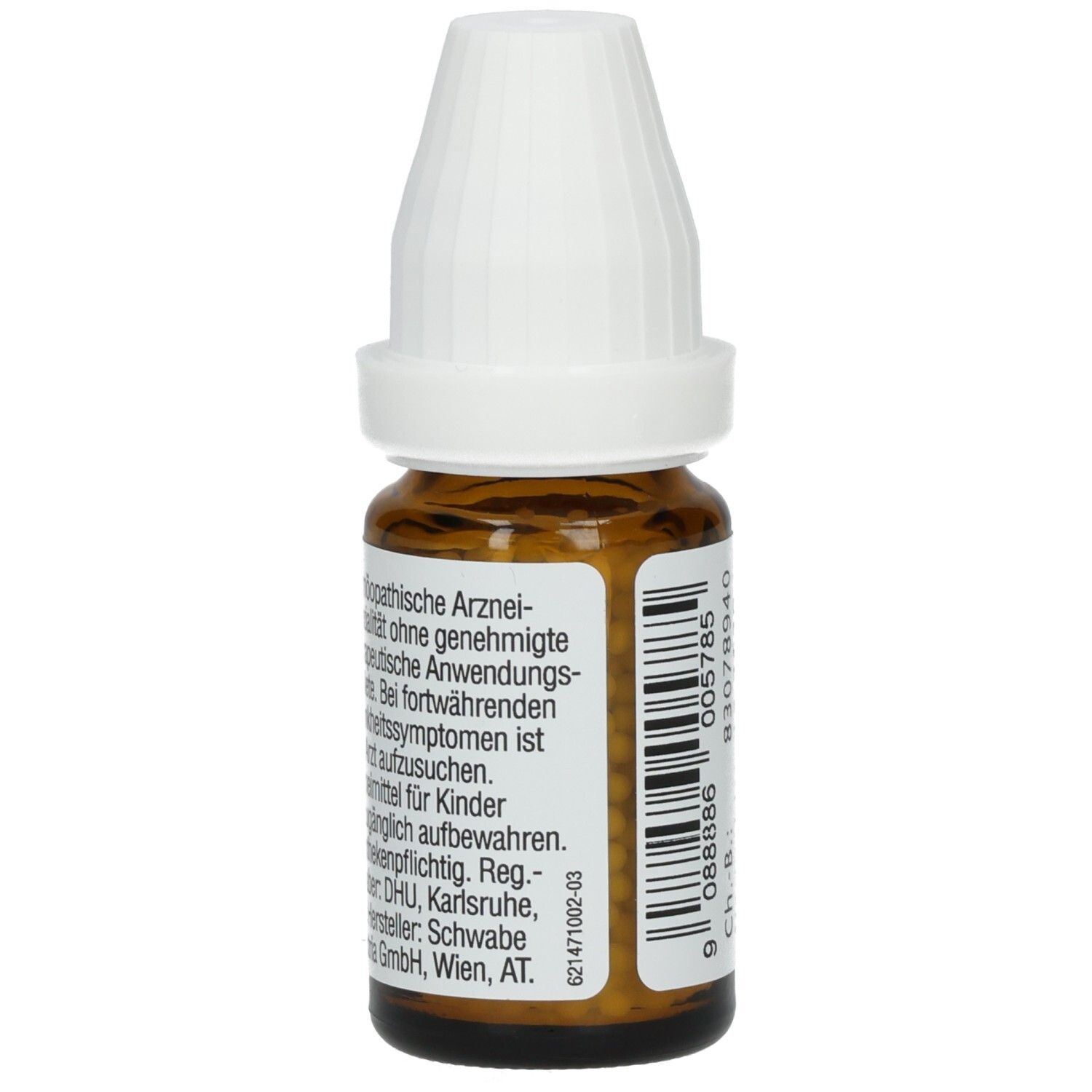 Braune Glasflasche mit weißem Verschluss. Rückseite mit Text: homöopathische Arzneimittel, ohne genehmigte therapeutische Anwendung.