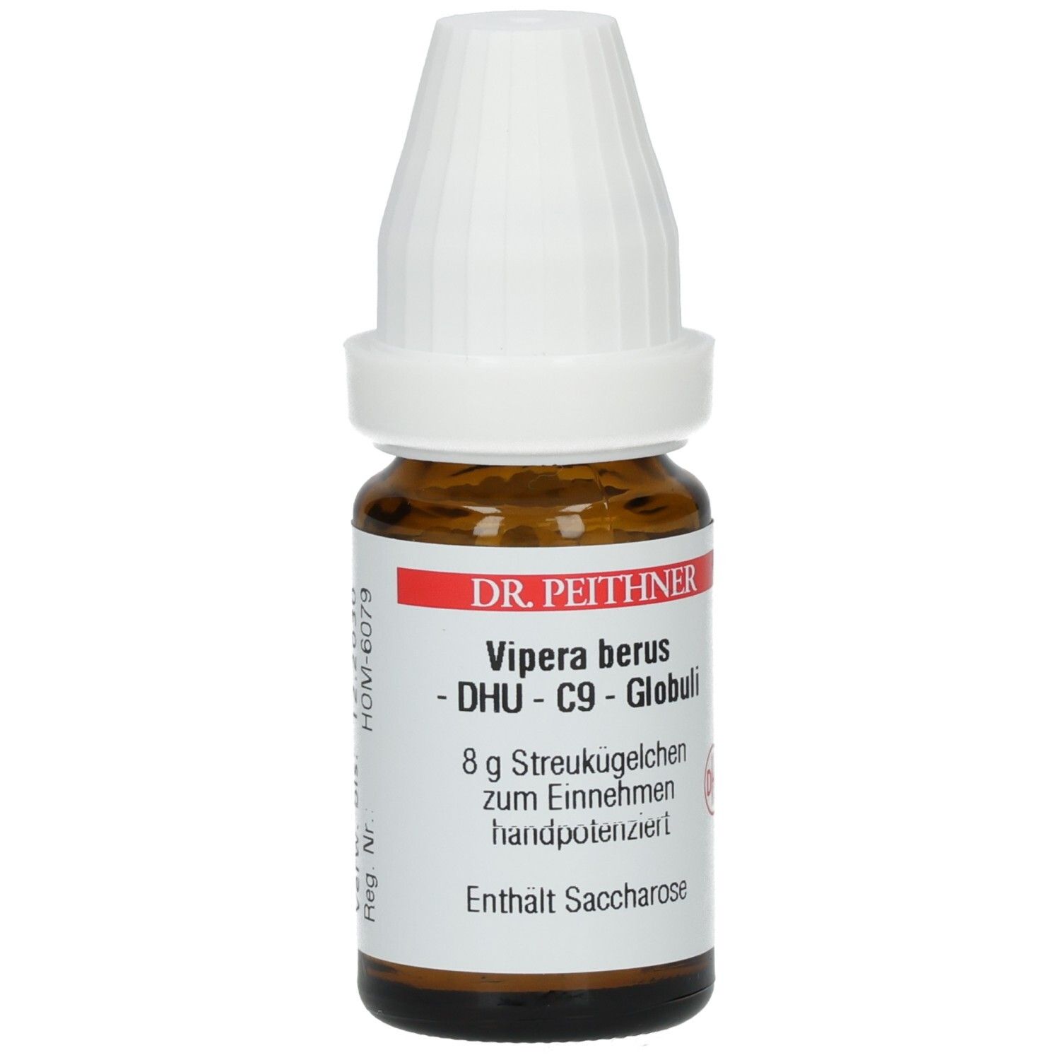 Braune Glasflasche mit weißem Verschluss. Etikett mit Text: DR. PEITHNER, Vipera berus - DHU - C9 - Globuli, 8 g Streukügelchen.